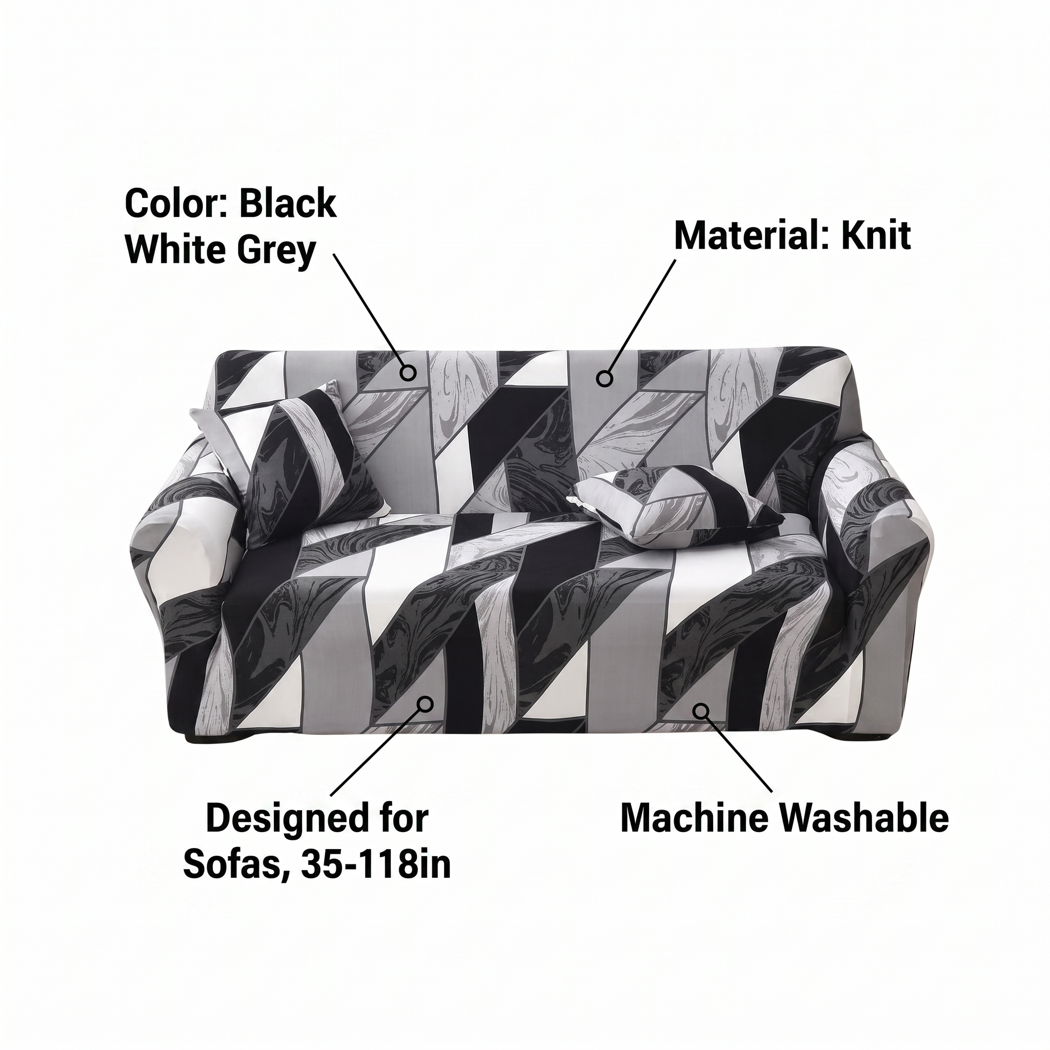 Stretch Sofa Slipcover – Black White Grey Geometric Print – features and specifications overview | Brivenzo