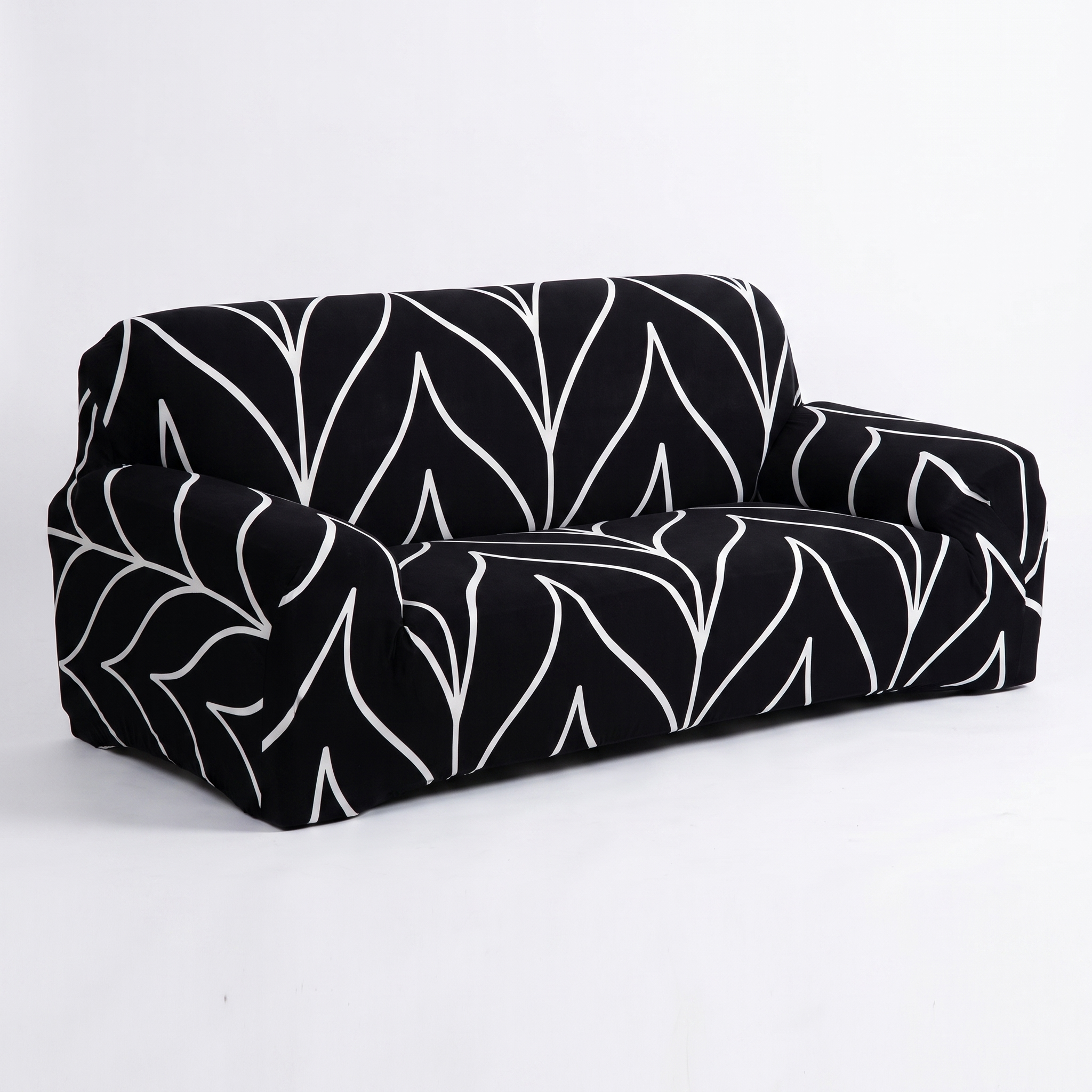 Stretch Sofa Slipcover – Black White Leaf Line Print – product photo on a white background | Brivenzo