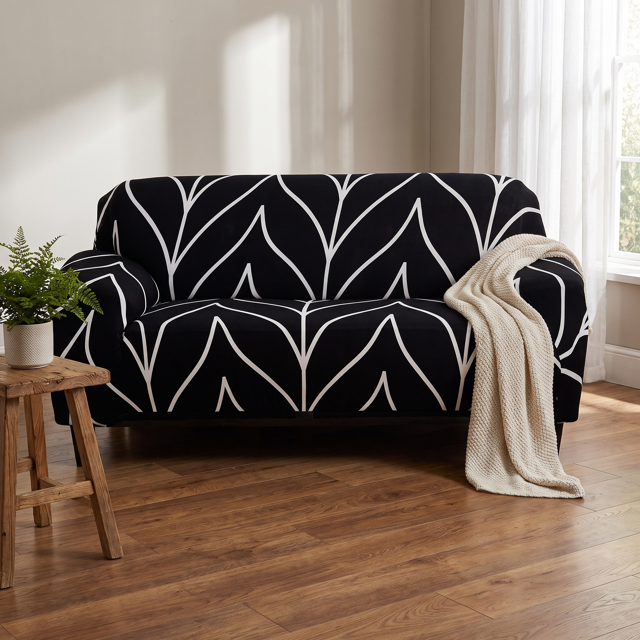 Stretch Sofa Slipcover – Black White Leaf Line Print shown in a styled home interior | Brivenzo