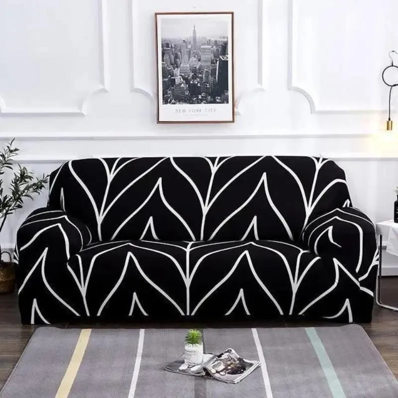 Stretch Sofa Slipcover – Black White Leaf Line Print – product view 4 | Brivenzo