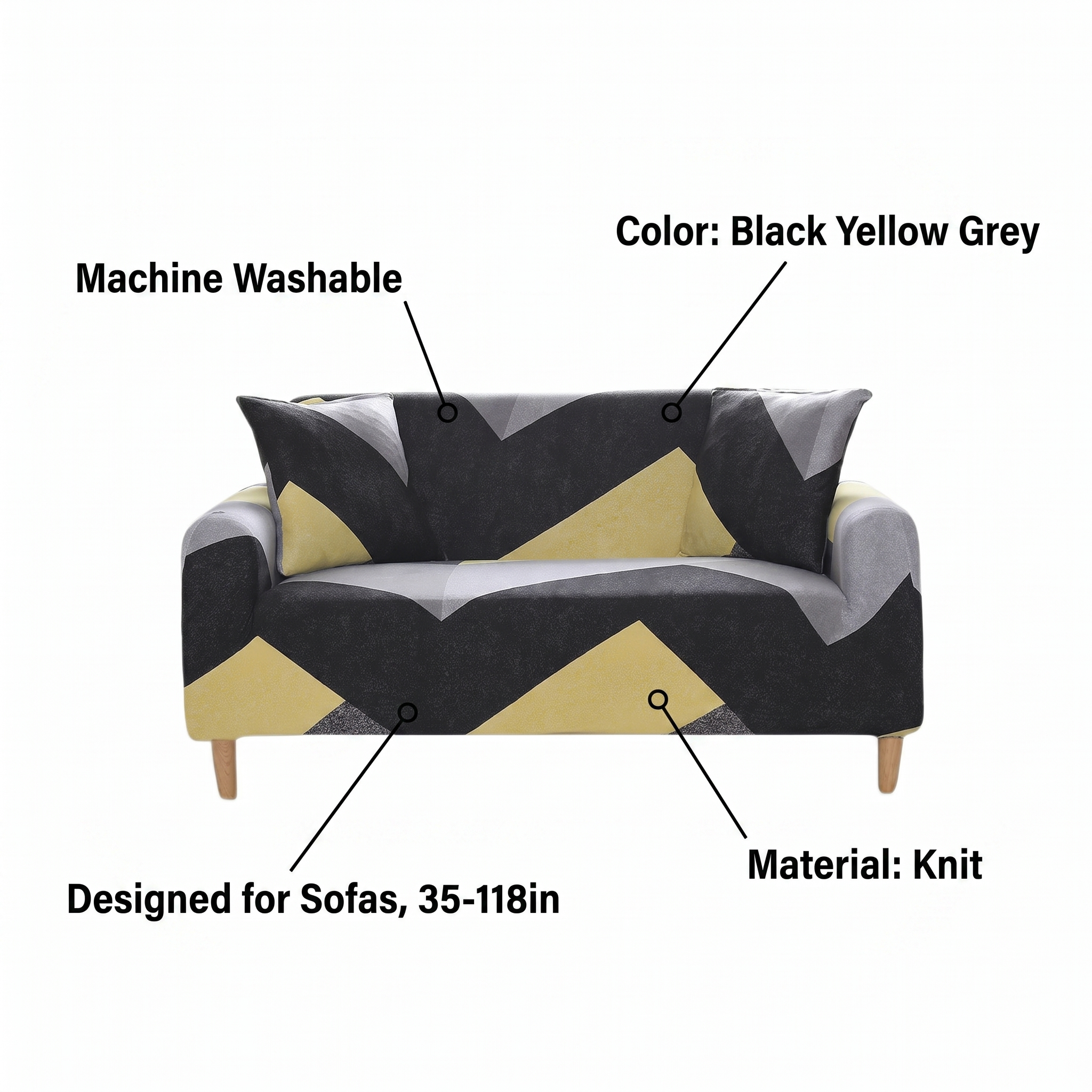 Stretch Sofa Slipcover – Black Yellow Grey Chevron Print – features and specifications overview | Brivenzo