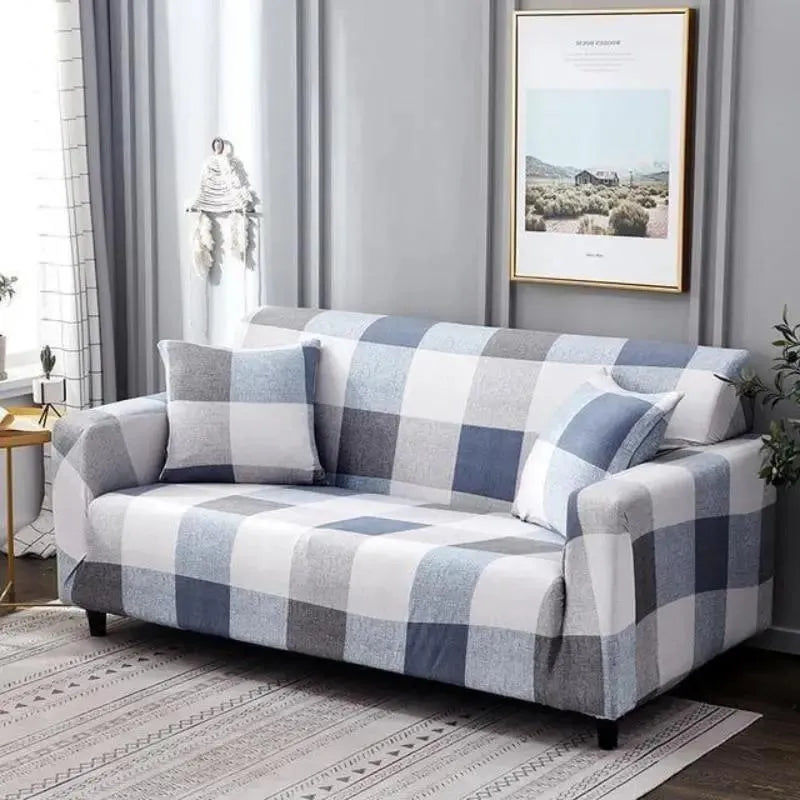Stretch Sofa Slipcover – Blue Grey Buffalo Plaid Print – product view 4 | Brivenzo