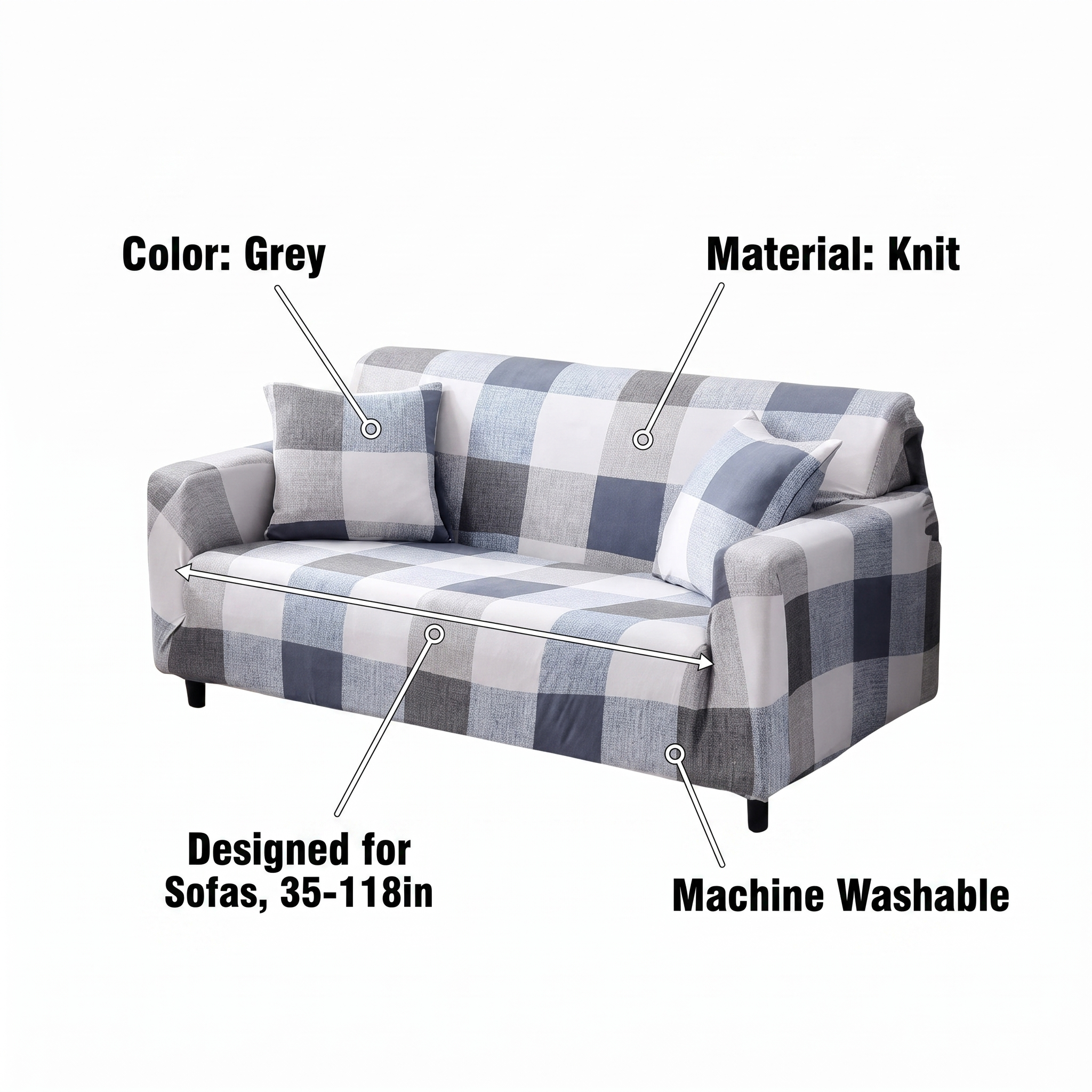Stretch Sofa Slipcover – Blue Grey Buffalo Plaid Print – features and specifications overview | Brivenzo