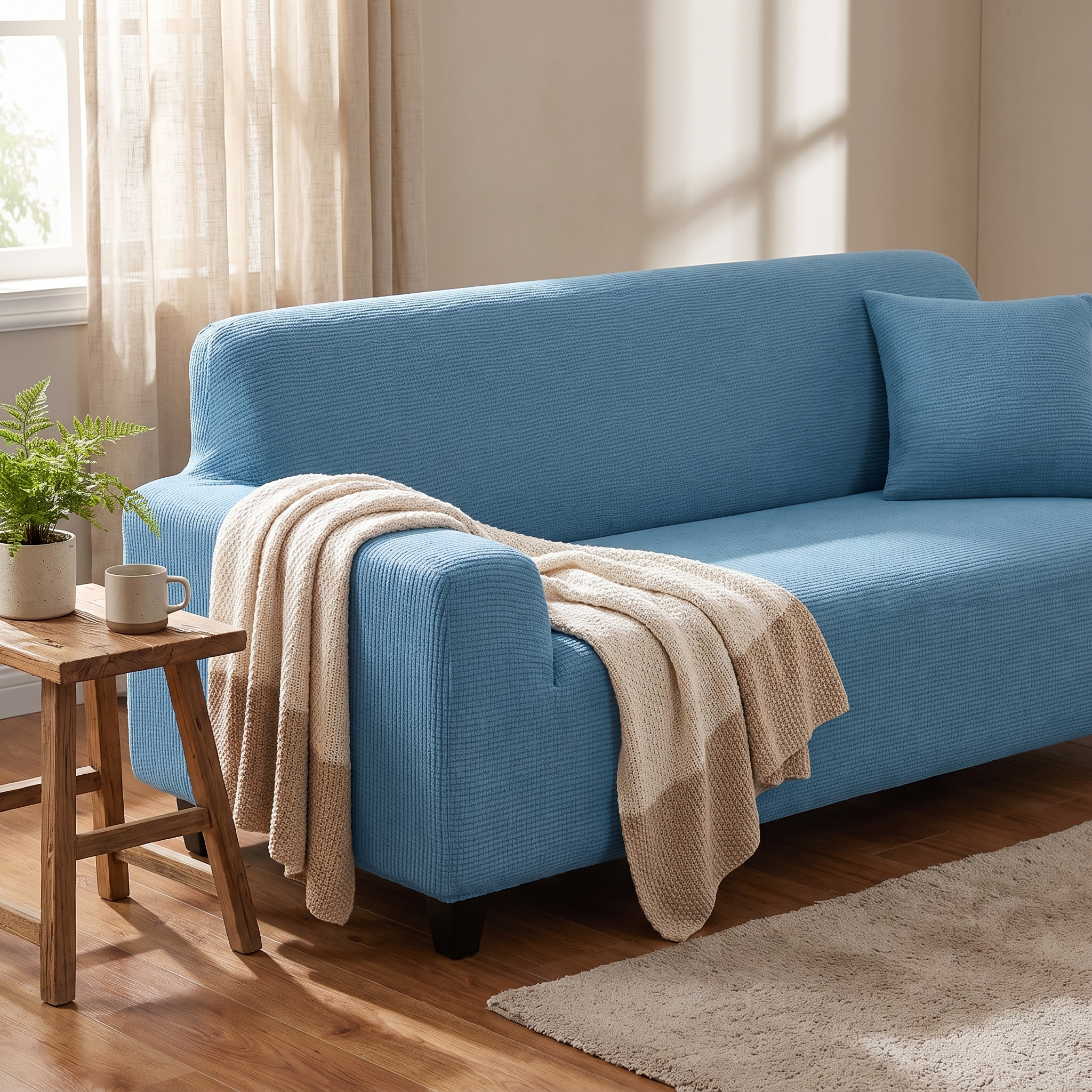 Stretch Sofa Slipcover – Blue Microfiber shown in a styled home interior | Brivenzo