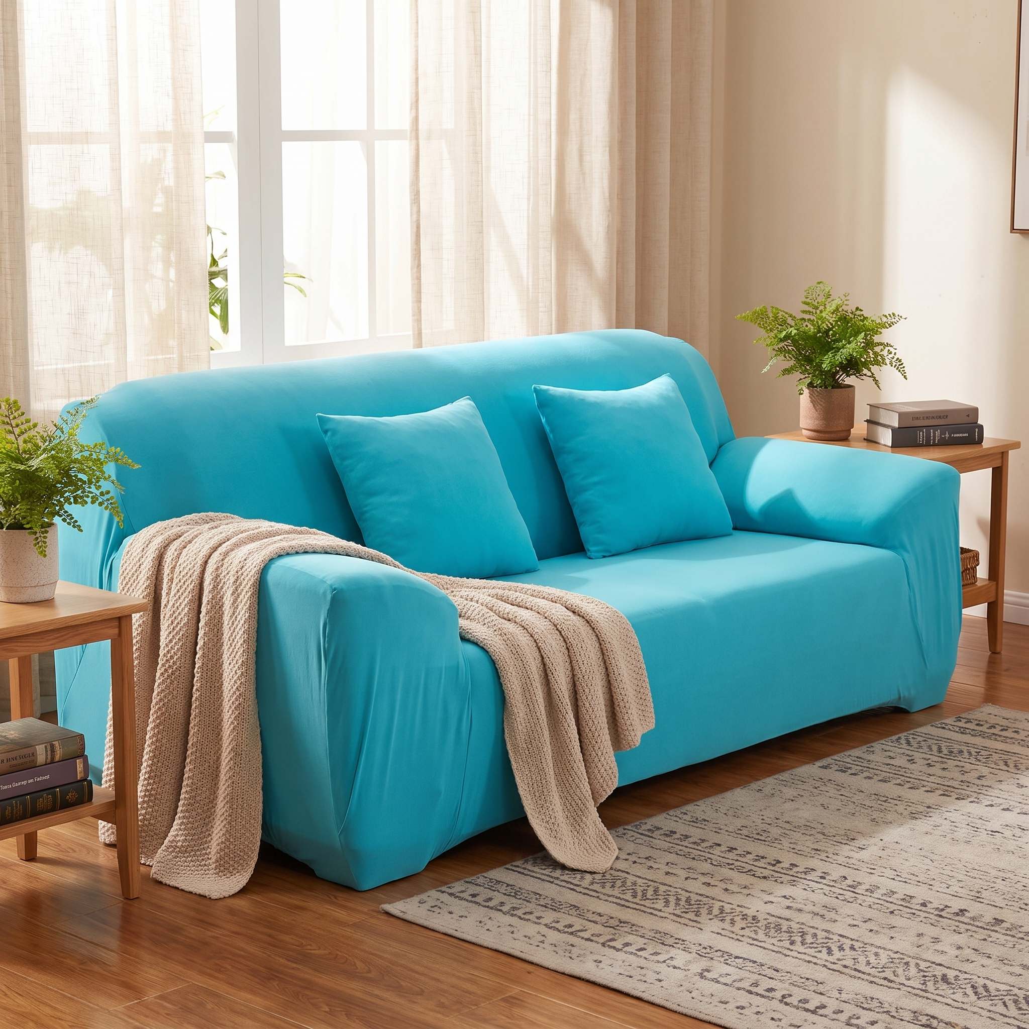 Cyan blue stretch sofa slipcover in a cozy living room