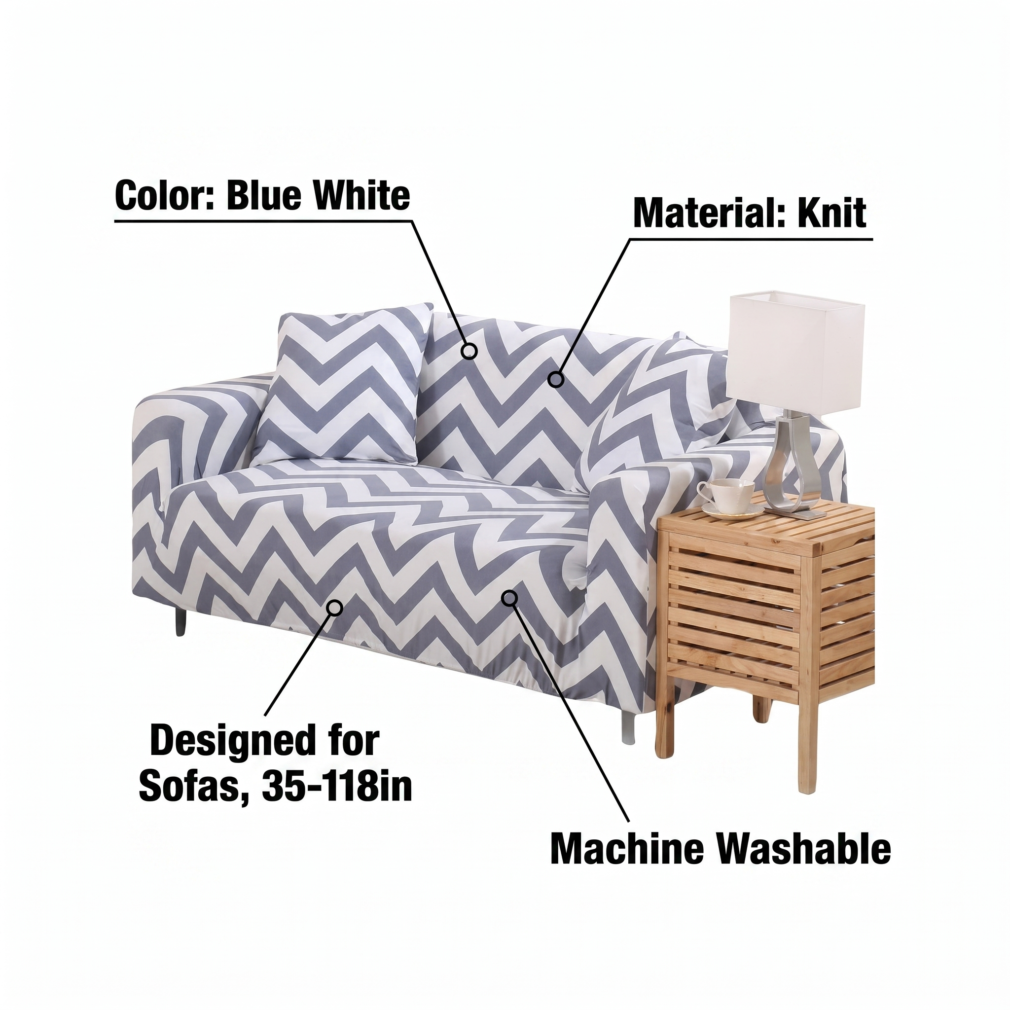 Stretch Sofa Slipcover – Blue White Chevron Print – features and specifications overview | Brivenzo