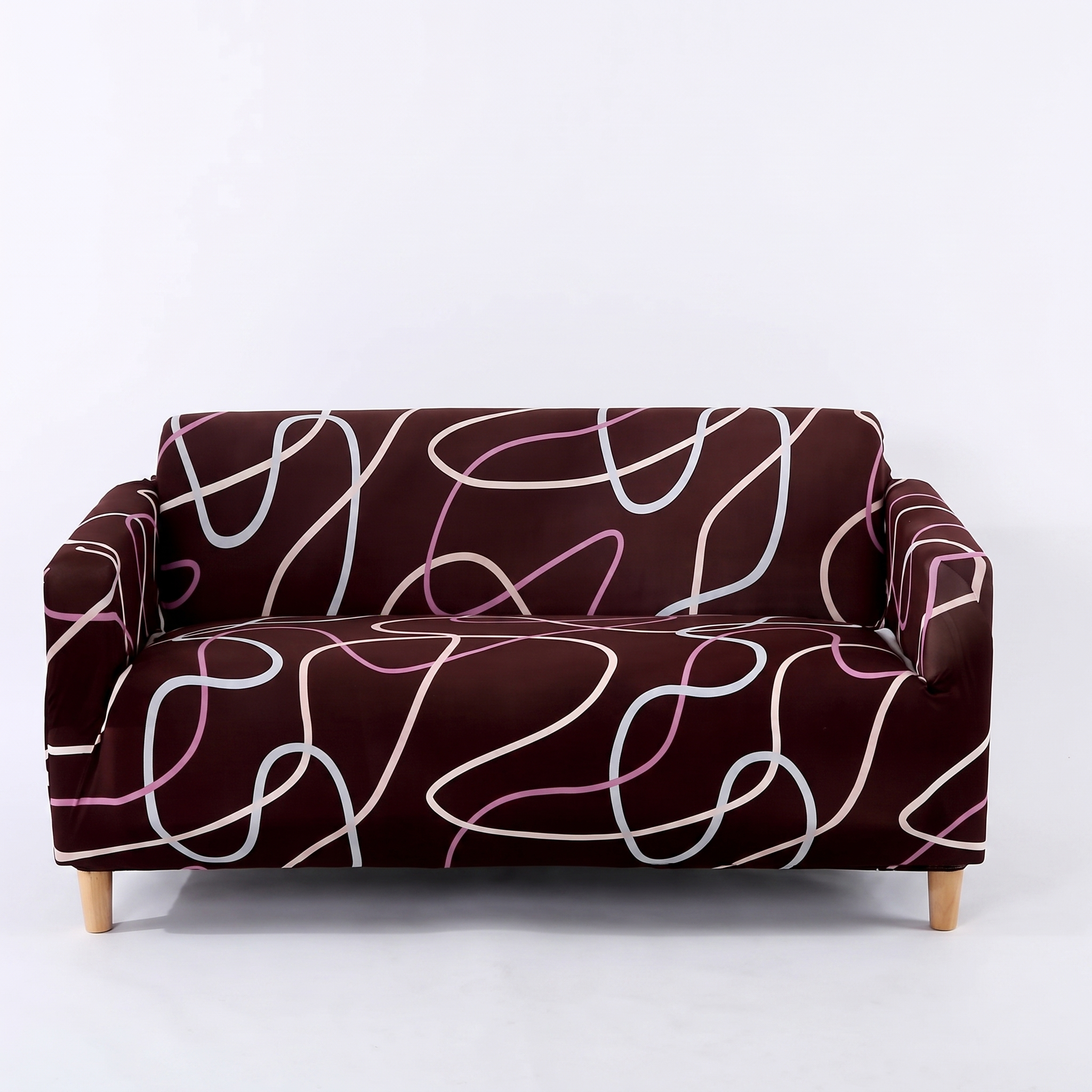 Stretch Sofa Slipcover – Brown Purple Swirl Line Print – product photo on a white background | Brivenzo