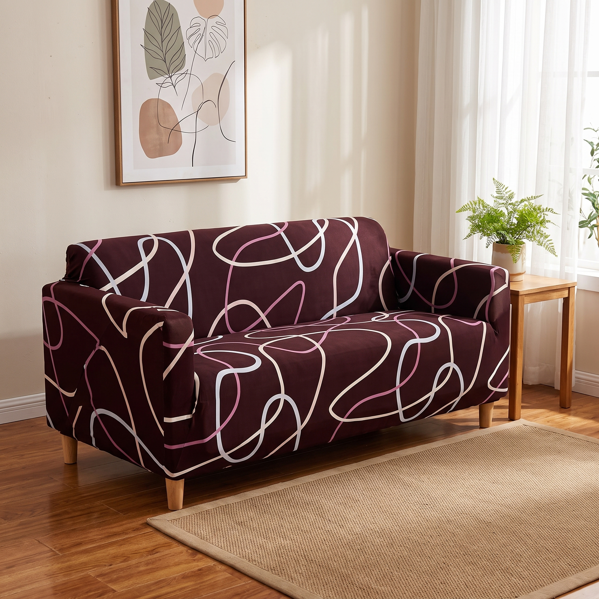 Stretch Sofa Slipcover – Brown Purple Swirl Line Print – product view 2 | Brivenzo