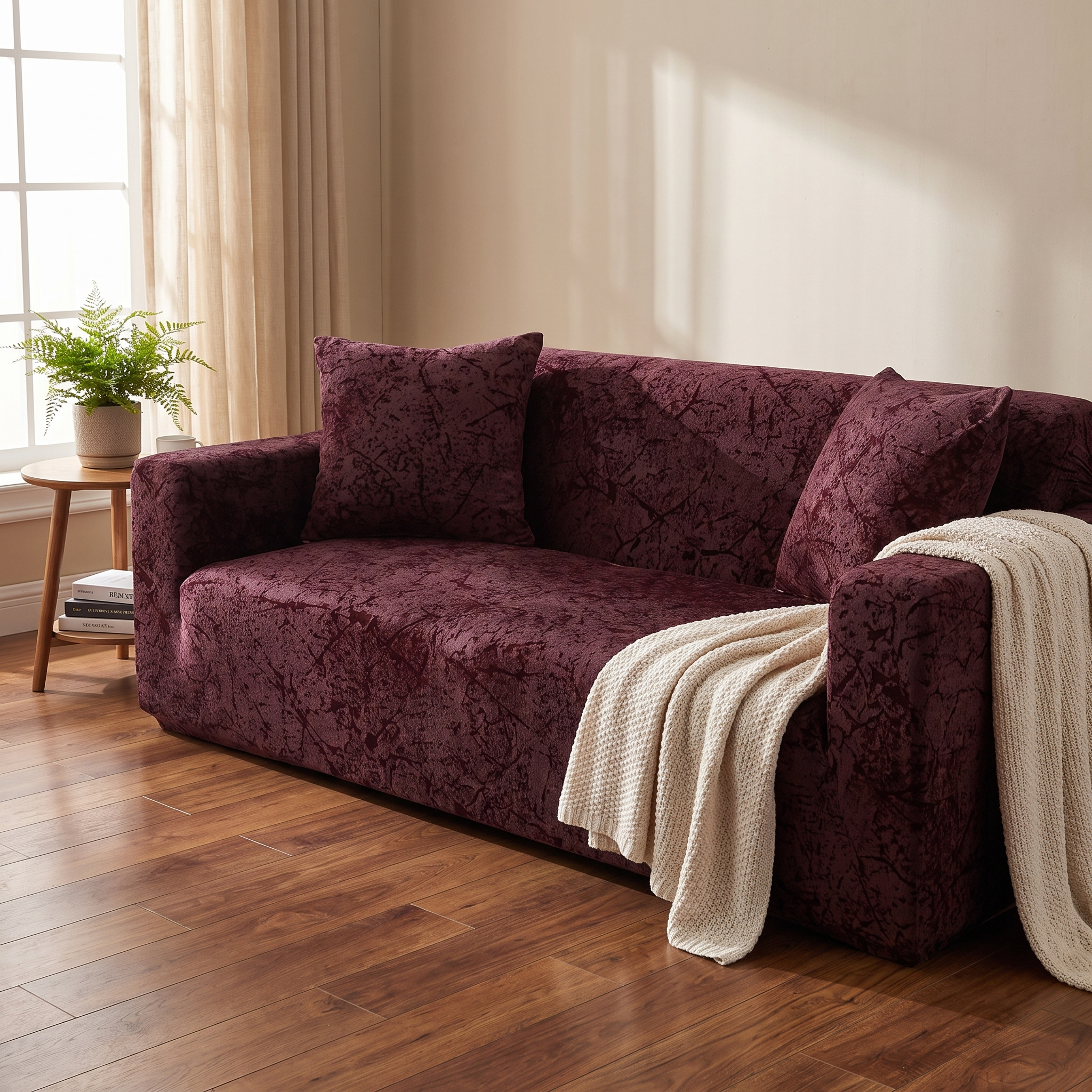 Stretch Sofa Slipcover – Burgundy Marble Scratch Print shown in a styled home interior | Brivenzo