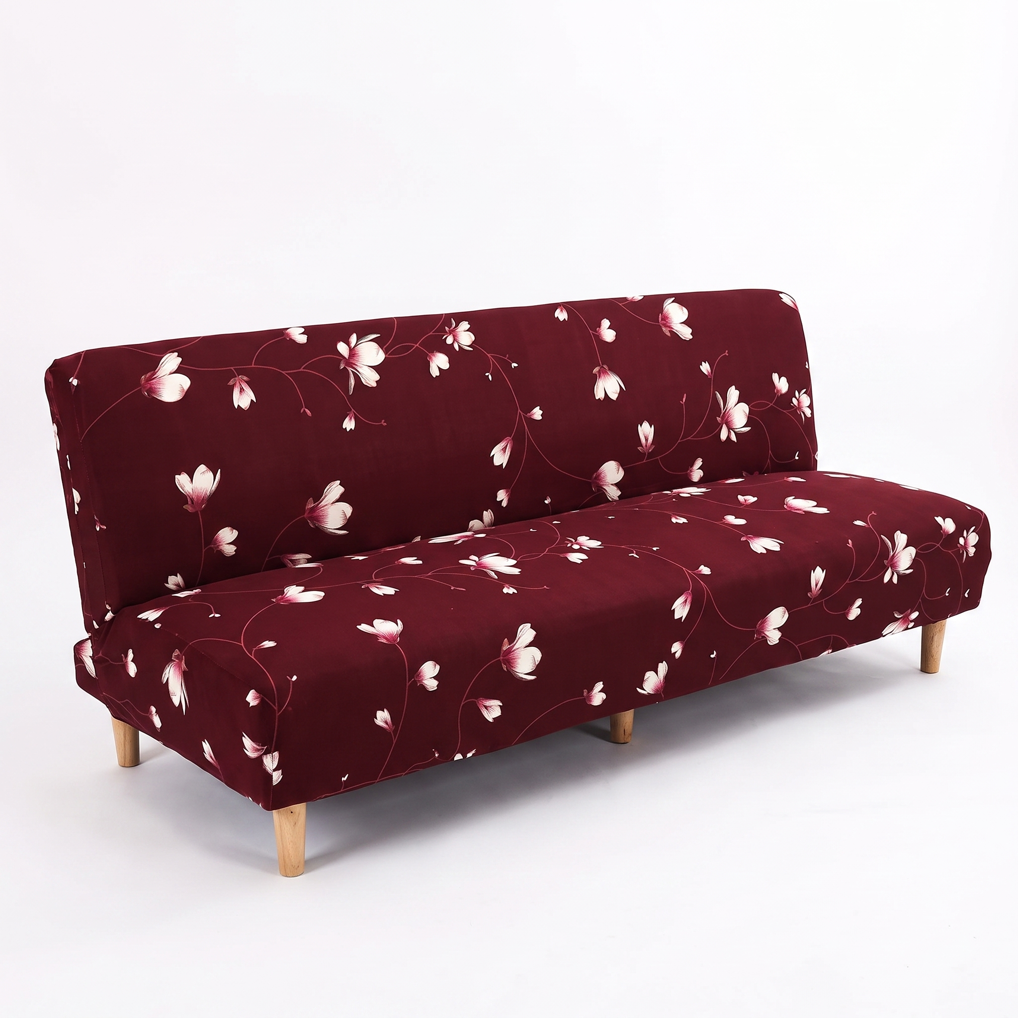 Stretch Sofa Slipcover – Burgundy White Floral Print Sofa Bed – product photo on a white background | Brivenzo