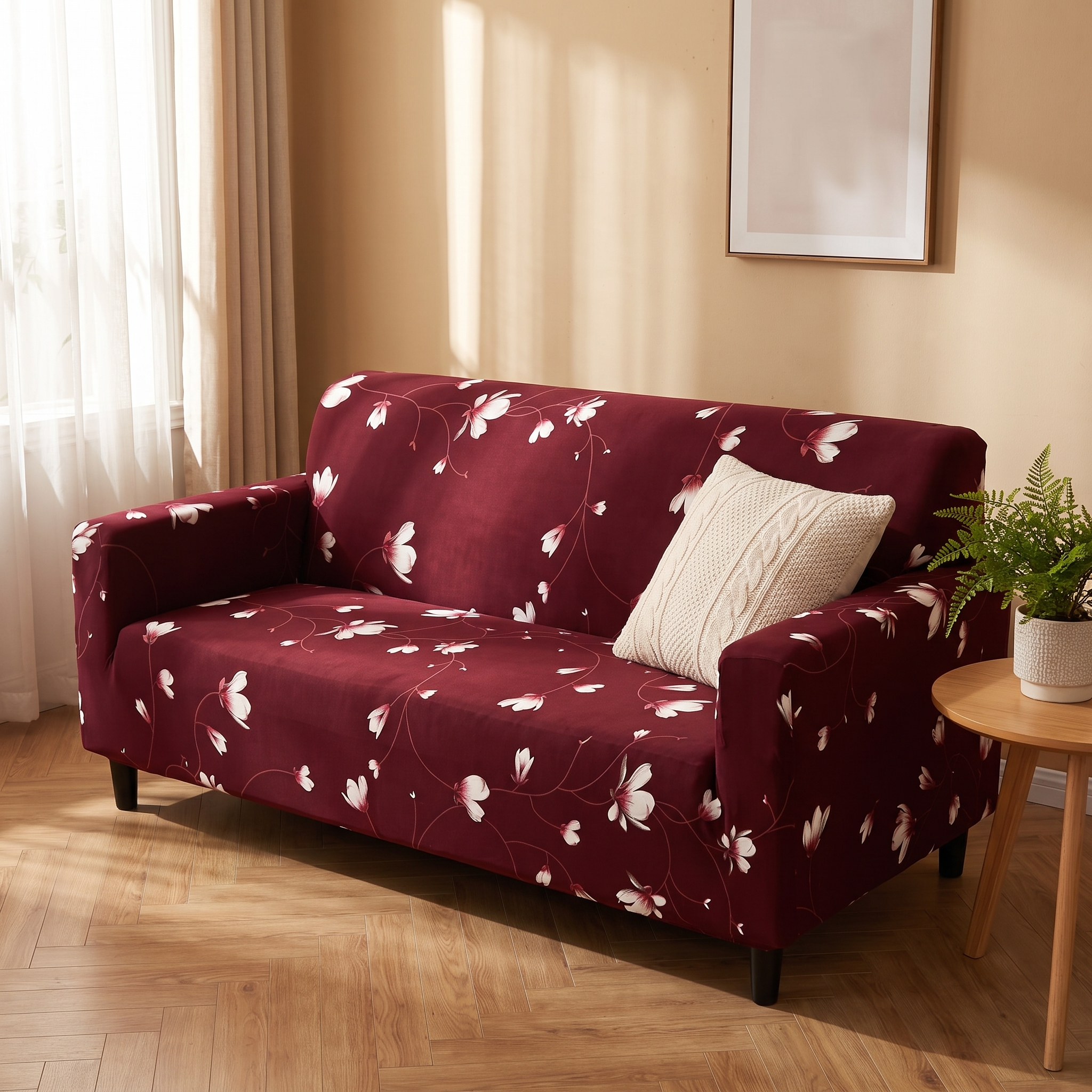 Stretch Sofa Slipcover – Burgundy White Floral Print Sofa Bed shown in a styled home interior | Brivenzo