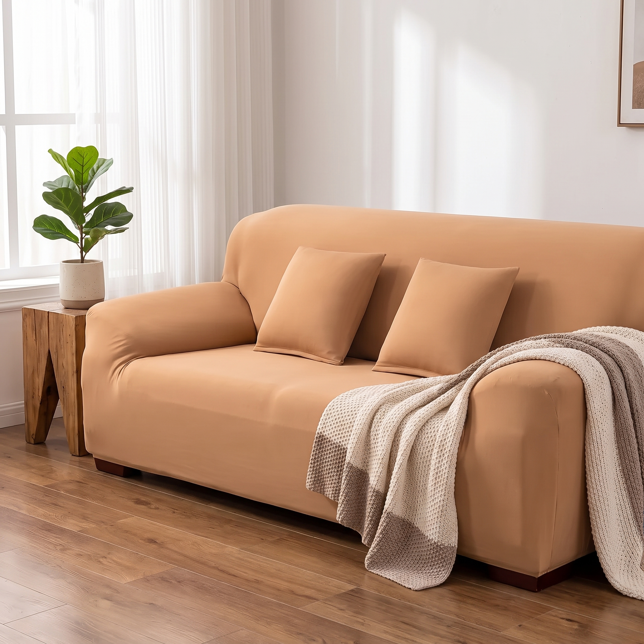 Camel stretch sofa slipcover in a cozy living room