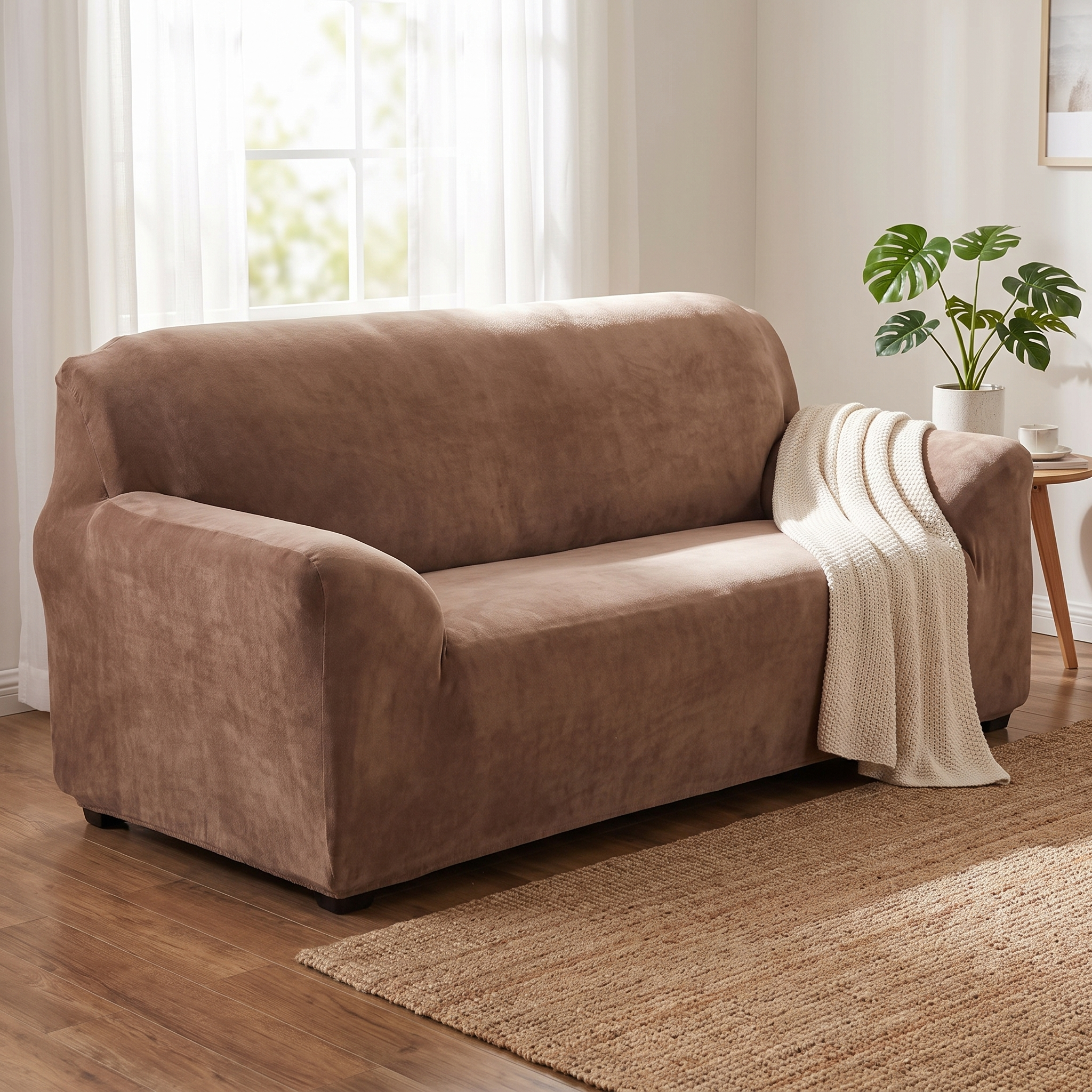 Stretch Sofa Slipcover – Camel Velvet shown in a styled home interior | Brivenzo