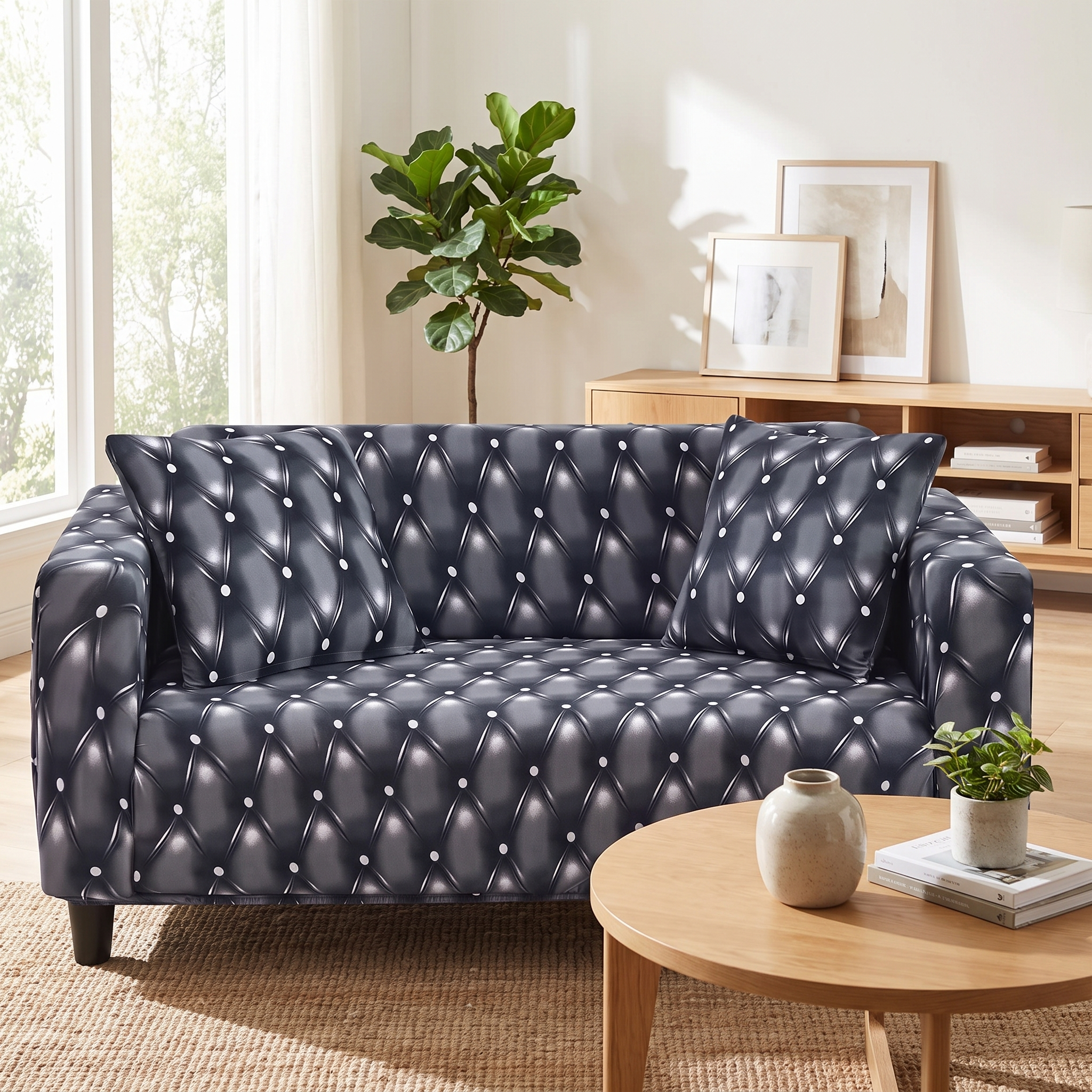 Stretch Sofa Slipcover – Charcoal Diamond Quilted Pattern – product view 5 | Brivenzo