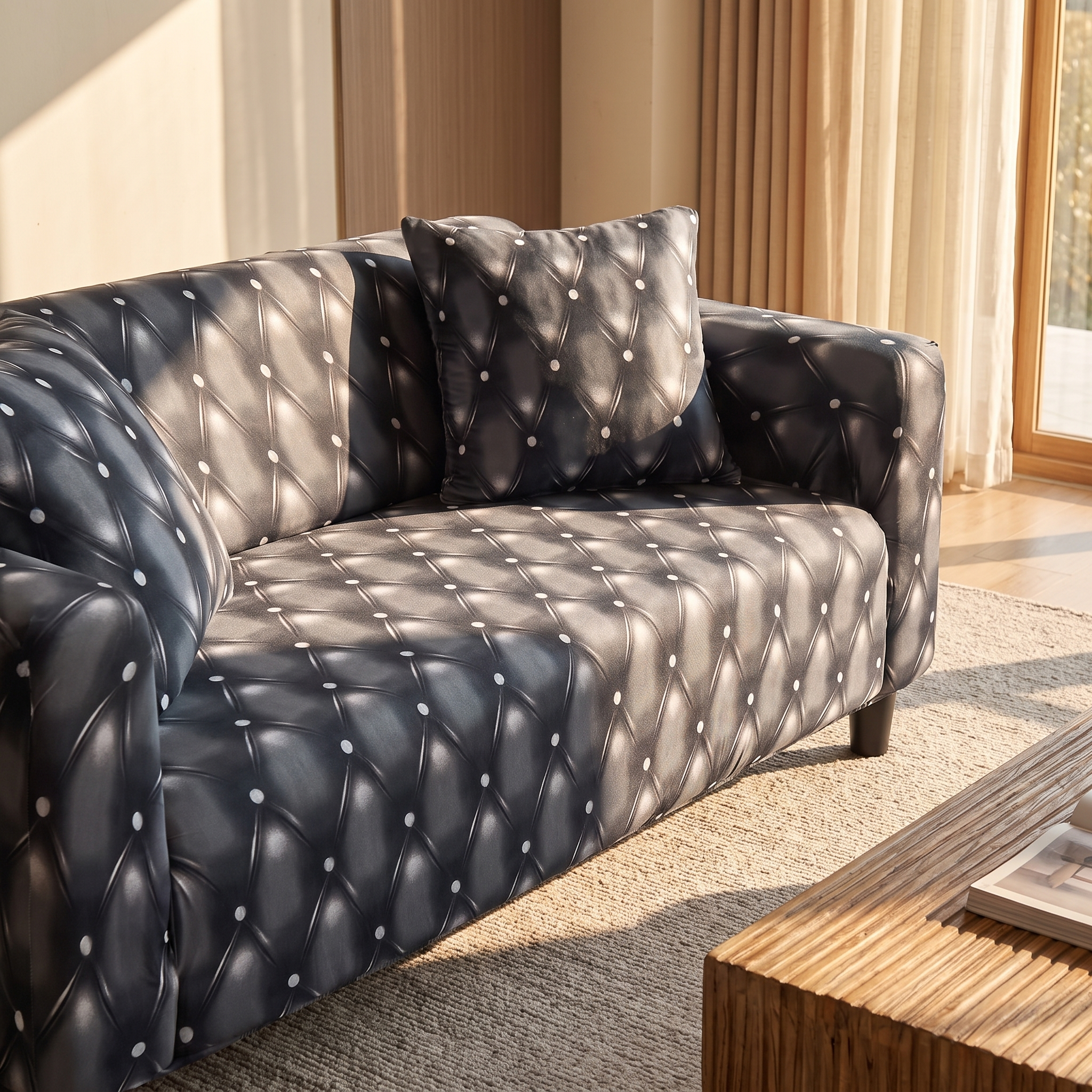 Stretch Sofa Slipcover – Charcoal Diamond Quilted Pattern – product view 6 | Brivenzo