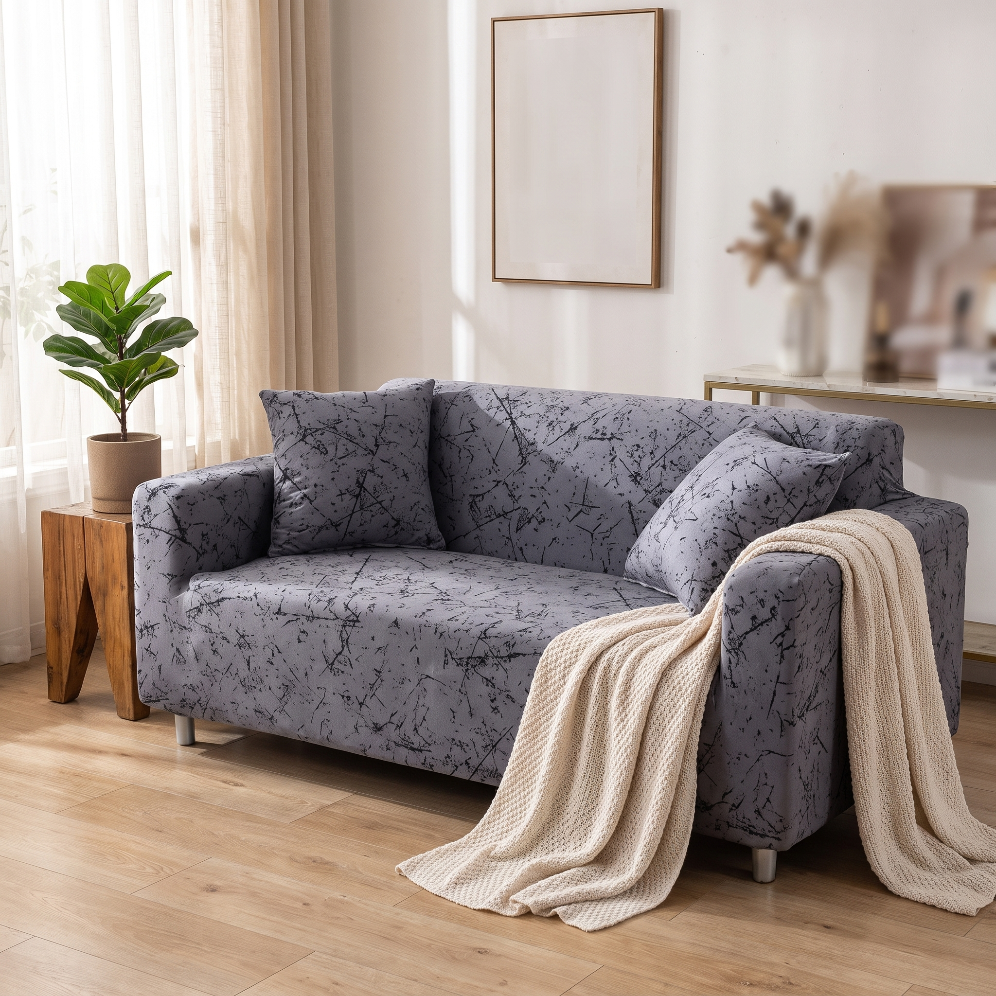 Stretch Sofa Slipcover – Charcoal Grey Scratch Print shown in a styled home interior | Brivenzo