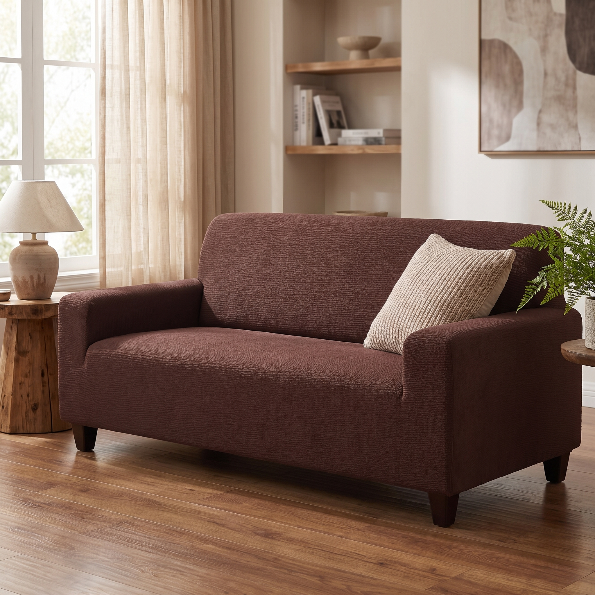 Stretch Sofa Slipcover – Coffee Brown Ribbed Knit shown in a styled home interior | Brivenzo