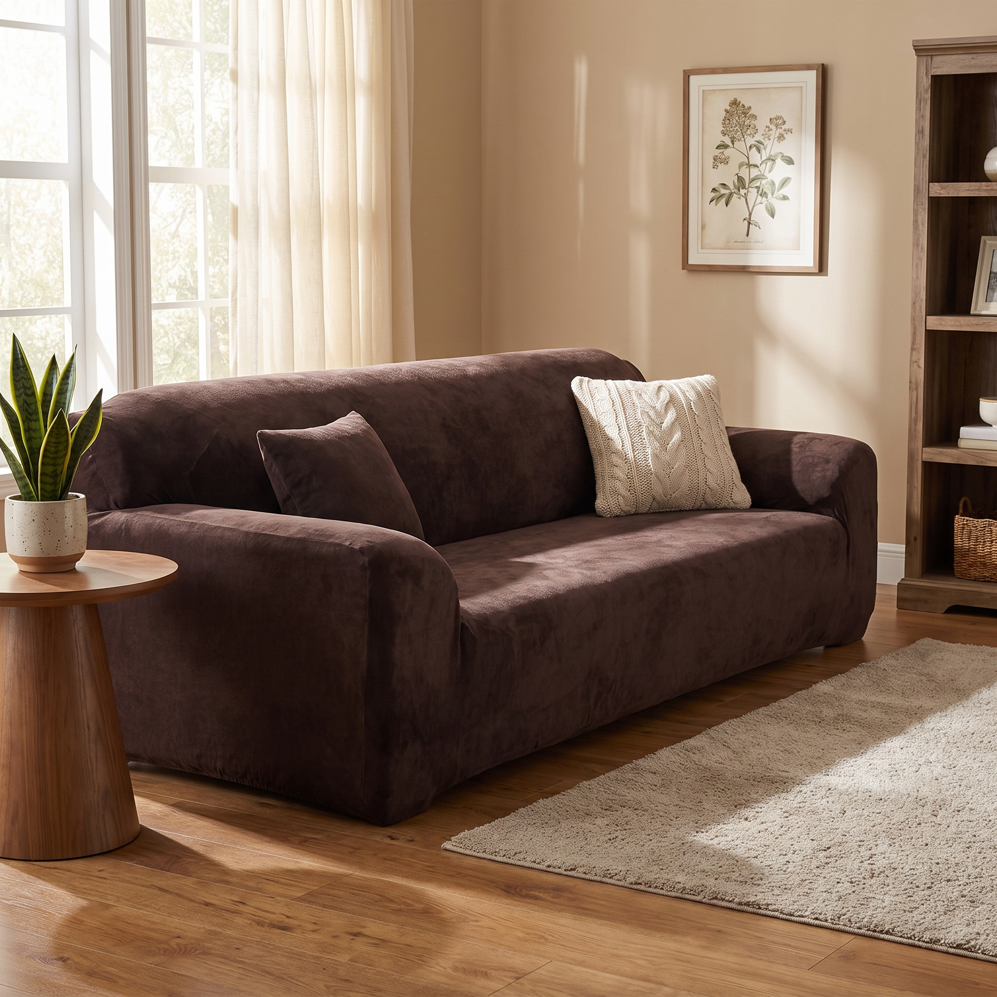 Stretch Sofa Slipcover – Coffee Brown Velvet shown in a styled home interior | Brivenzo