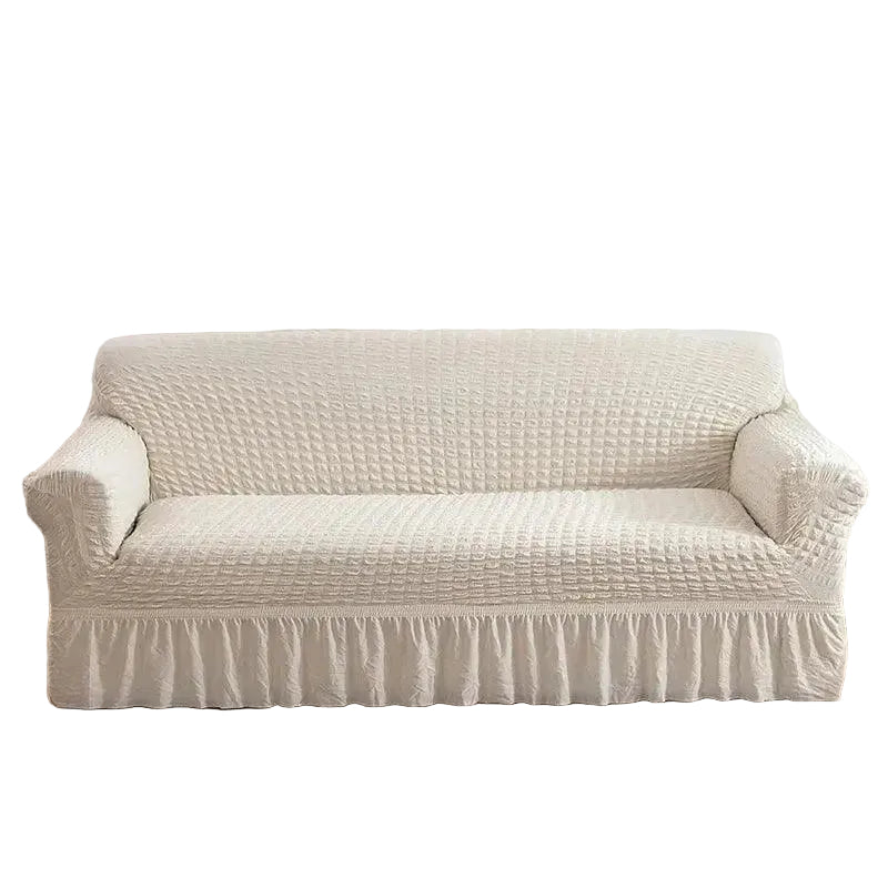 Stretch Sofa Slipcover – Cream White Ruffled Skirt – product view 4 | Brivenzo