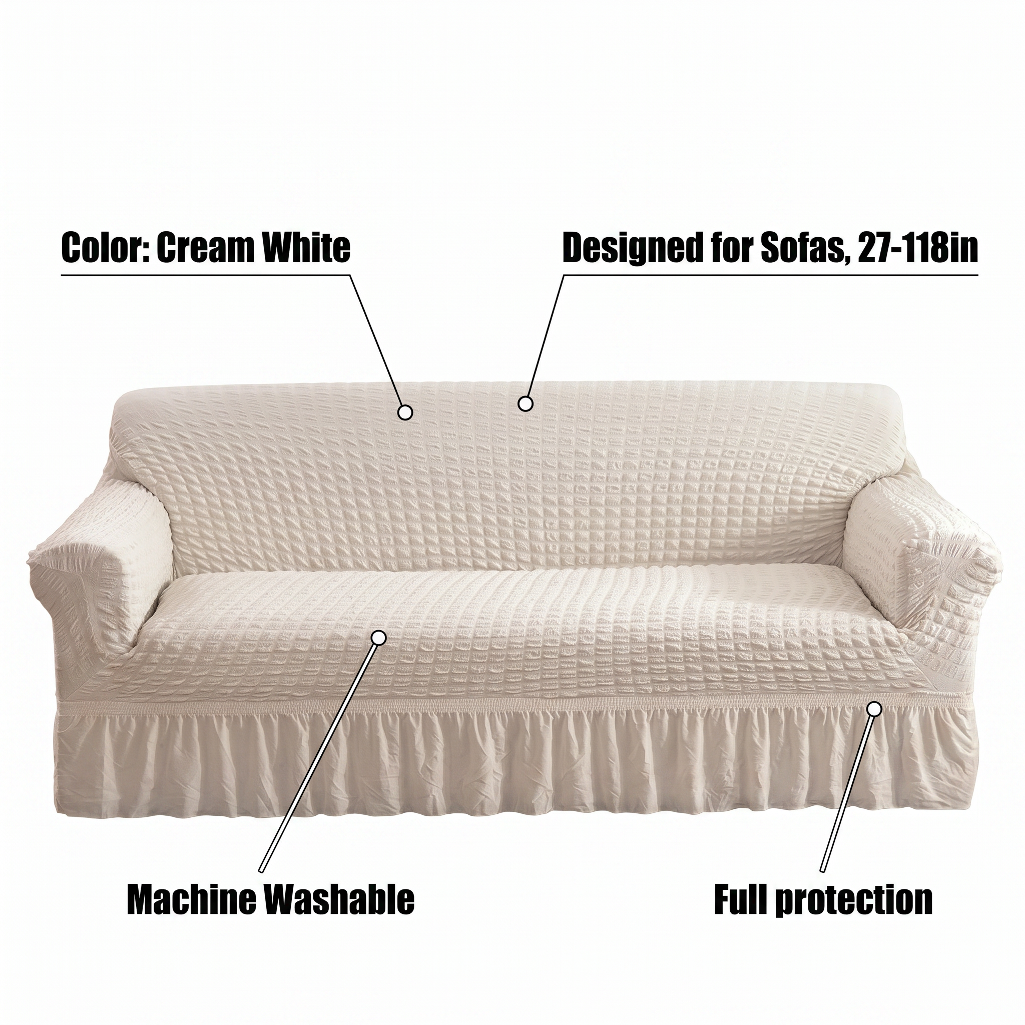 Stretch Sofa Slipcover – Cream White Ruffled Skirt – features and specifications overview | Brivenzo