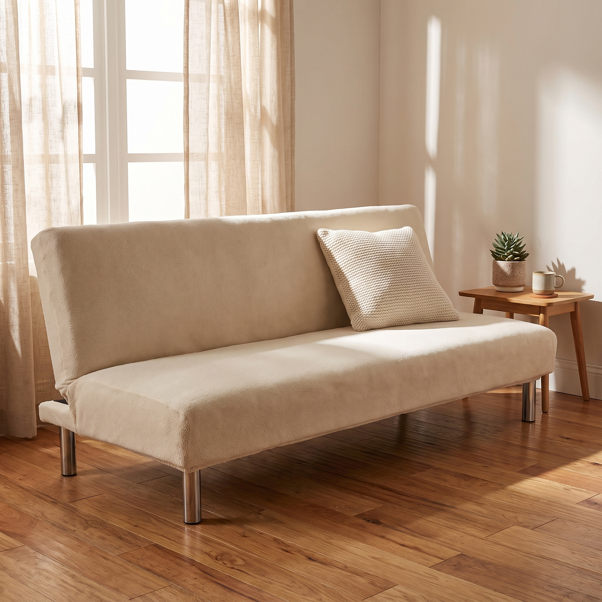 Stretch Sofa Slipcover – Cream White Velvet Sofa Bed shown in a styled home interior | Brivenzo