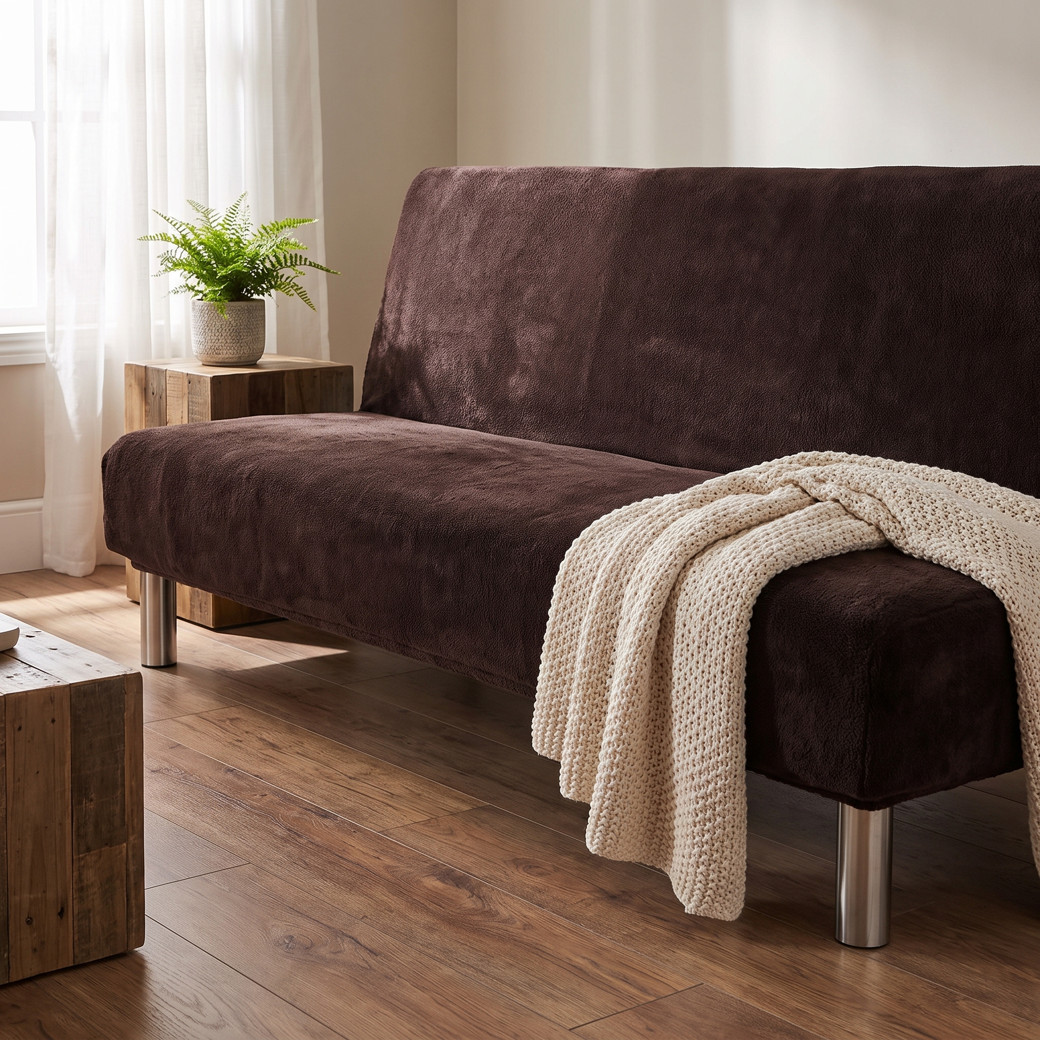 Stretch Sofa Slipcover – Dark Brown Velvet Sofa Bed shown in a styled home interior | Brivenzo