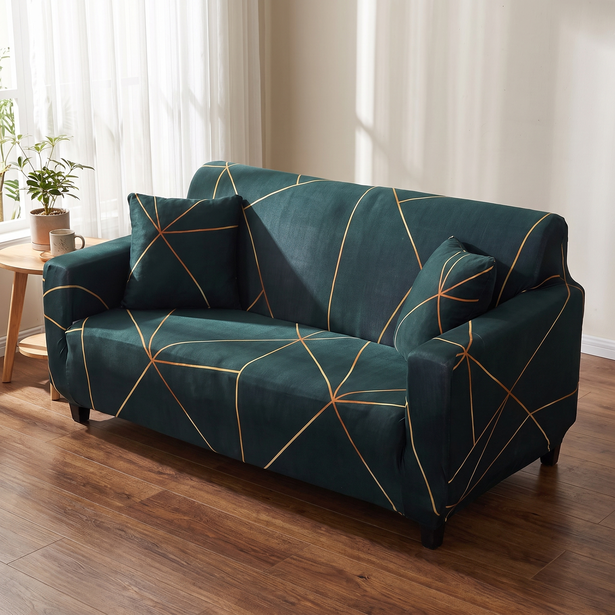 Stretch Sofa Slipcover – Dark Green Geometric Line Print shown in a styled home interior | Brivenzo