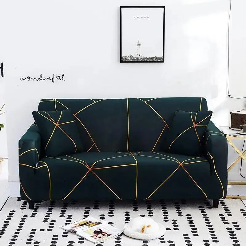 Stretch Sofa Slipcover – Dark Green Geometric Line Print – product view 4 | Brivenzo