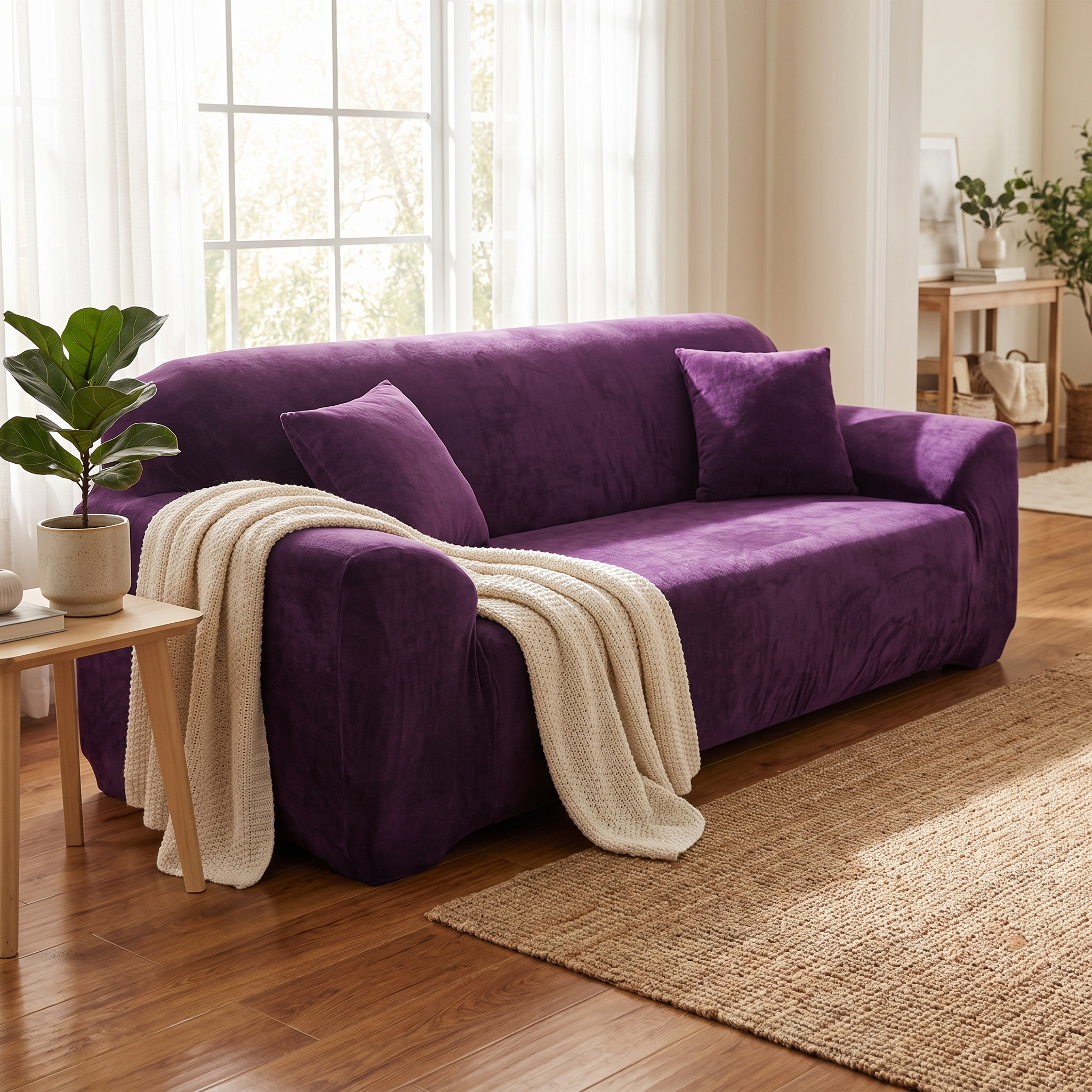 Stretch Sofa Slipcover – Deep Purple Velvet shown in a styled home interior | Brivenzo