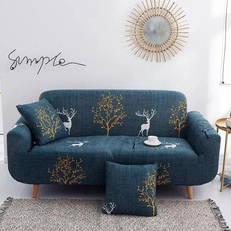 Stretch Sofa Slipcover – Deep Teal Woodland Deer Print – product view 4 | Brivenzo