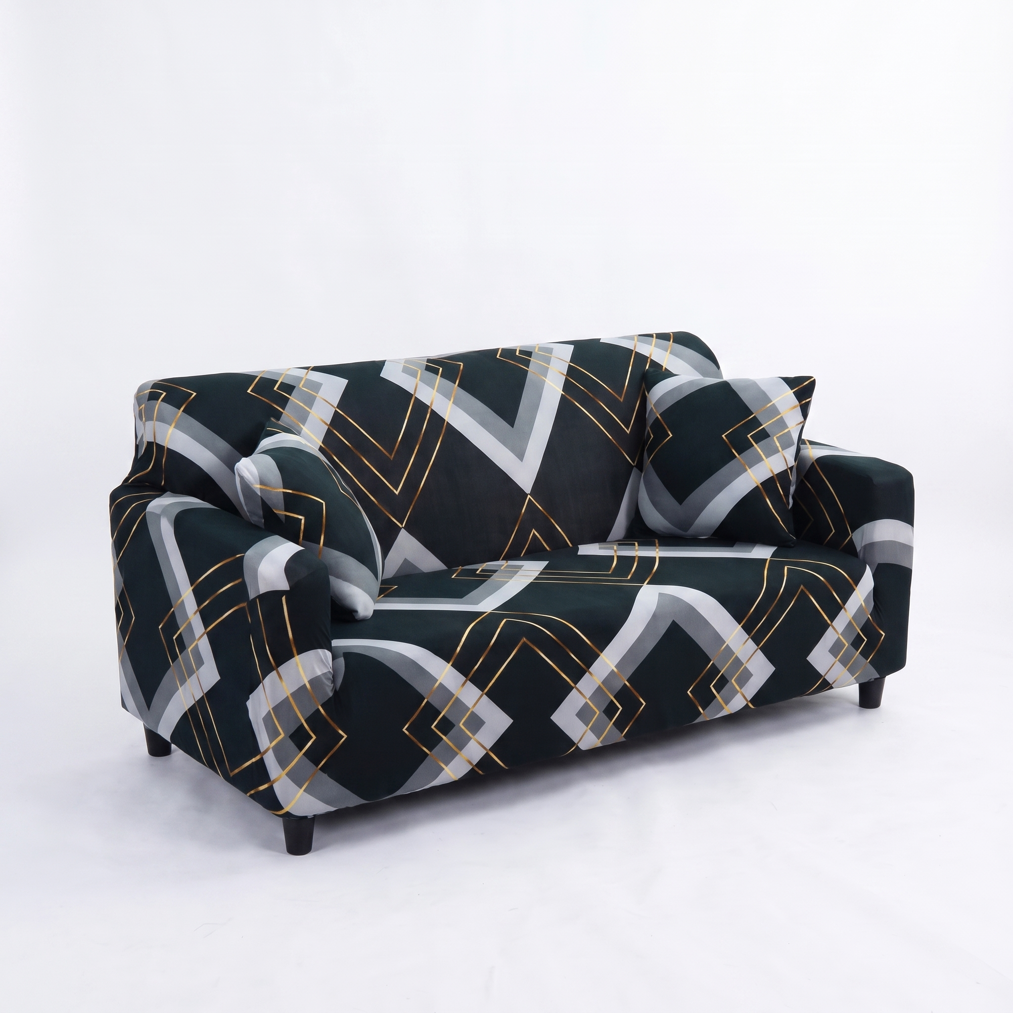 Stretch Sofa Slipcover – Emerald Green Geometric Chevron – product photo on a white background | Brivenzo
