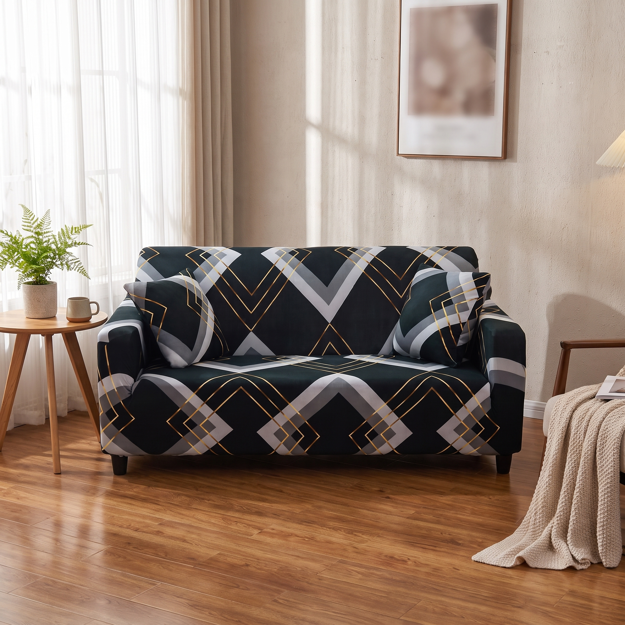 Stretch Sofa Slipcover – Emerald Green Geometric Chevron shown in a styled home interior | Brivenzo