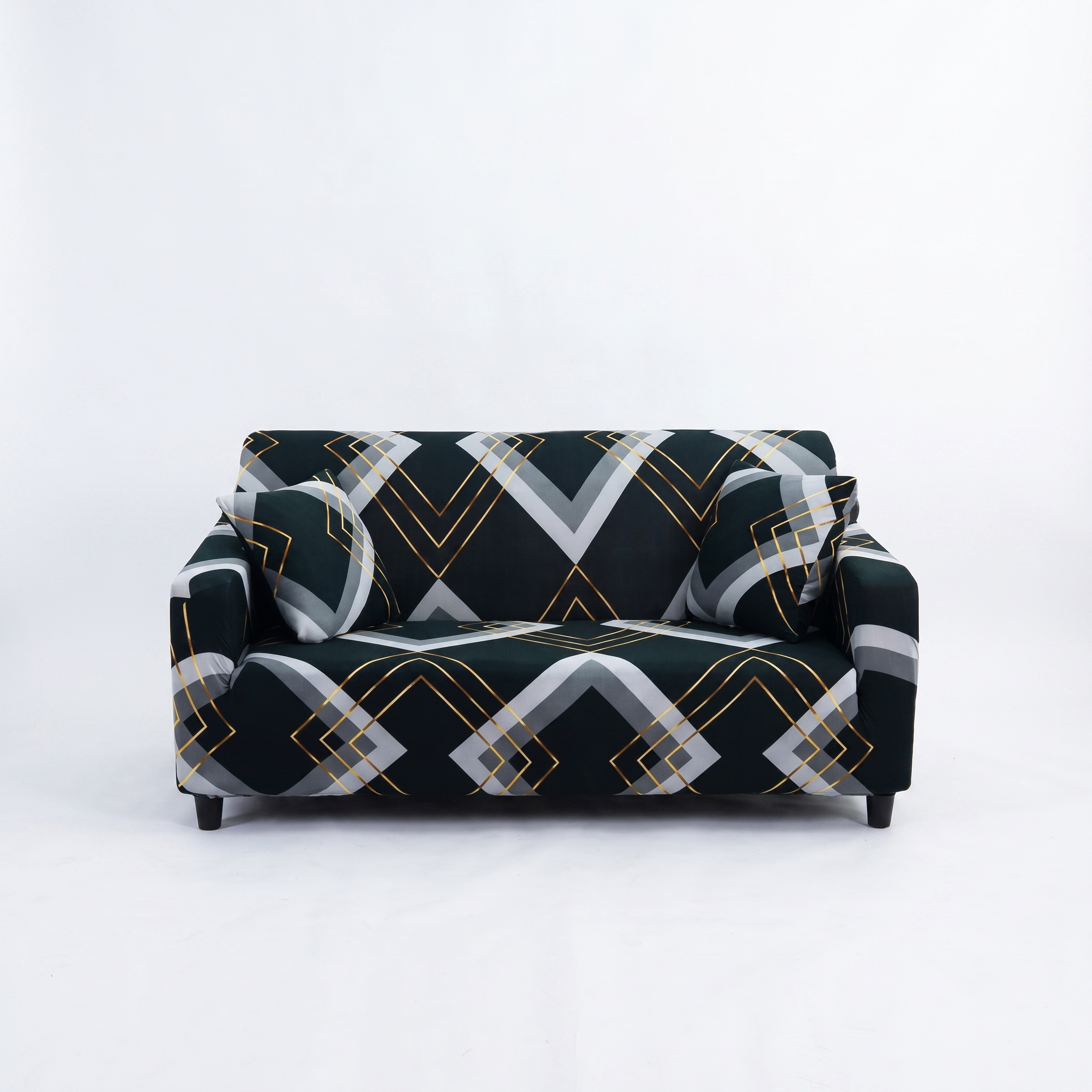 Stretch Sofa Slipcover – Emerald Green Geometric Chevron – product view 4 | Brivenzo