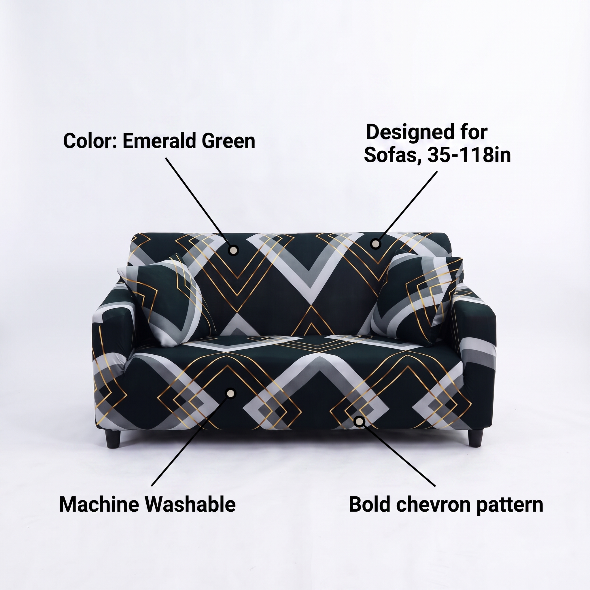 Stretch Sofa Slipcover – Emerald Green Geometric Chevron – features and specifications overview | Brivenzo