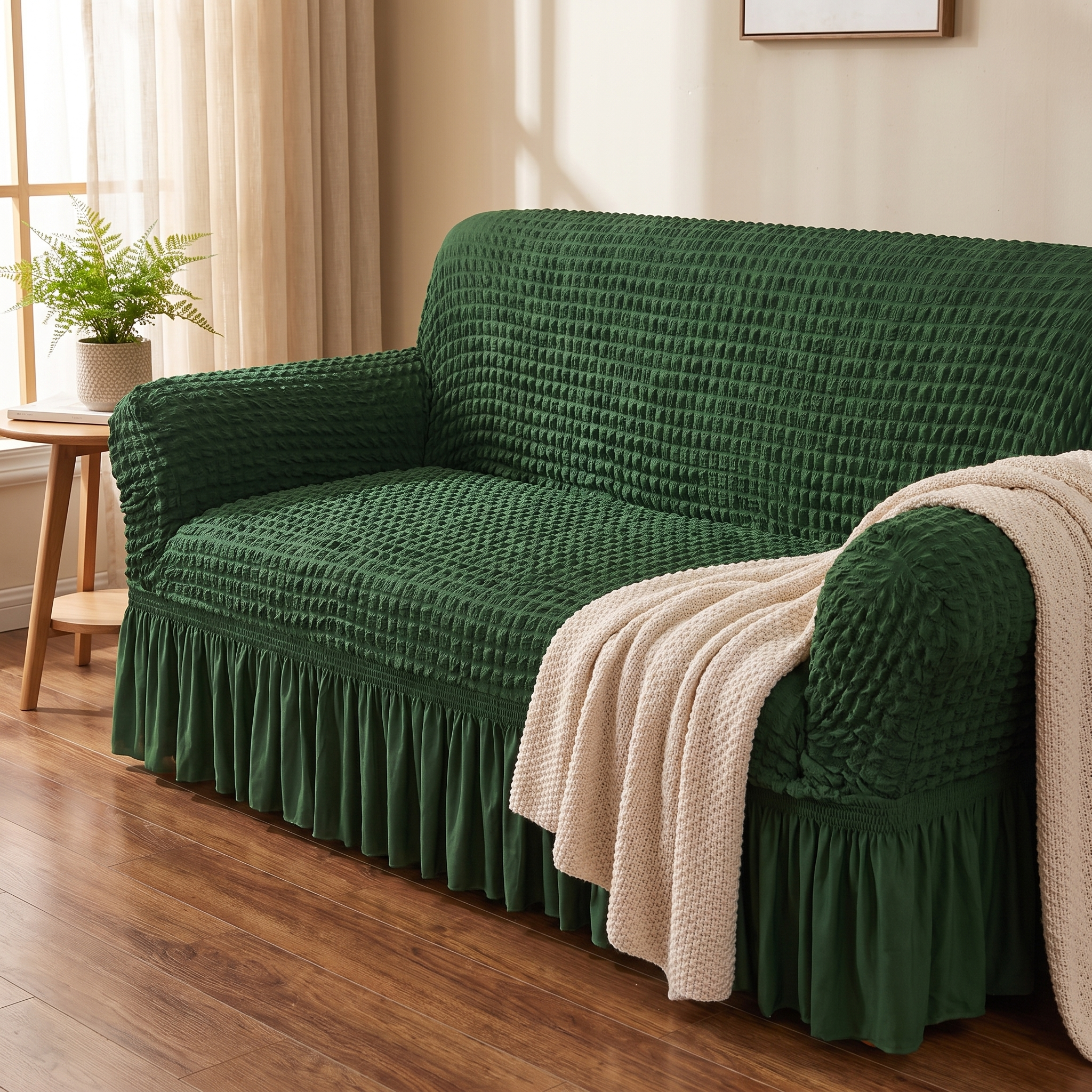 Stretch Sofa Slipcover – Forest Green Ruffled Skirt shown in a styled home interior | Brivenzo