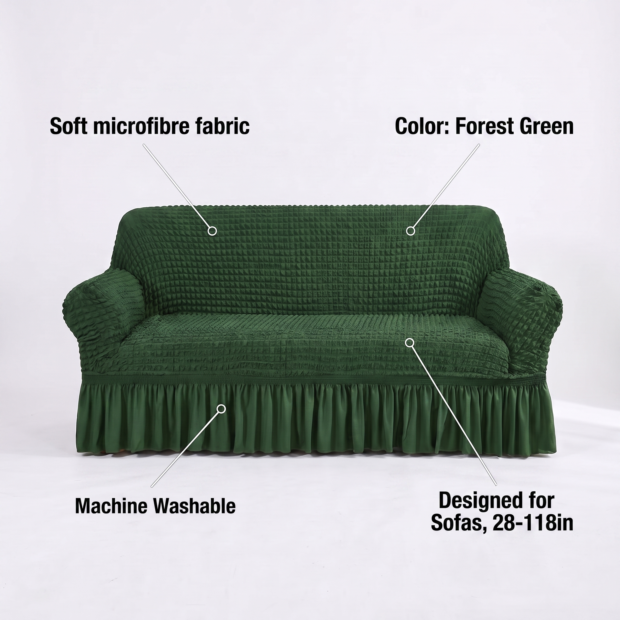 Stretch Sofa Slipcover – Forest Green Ruffled Skirt – features and specifications overview | Brivenzo