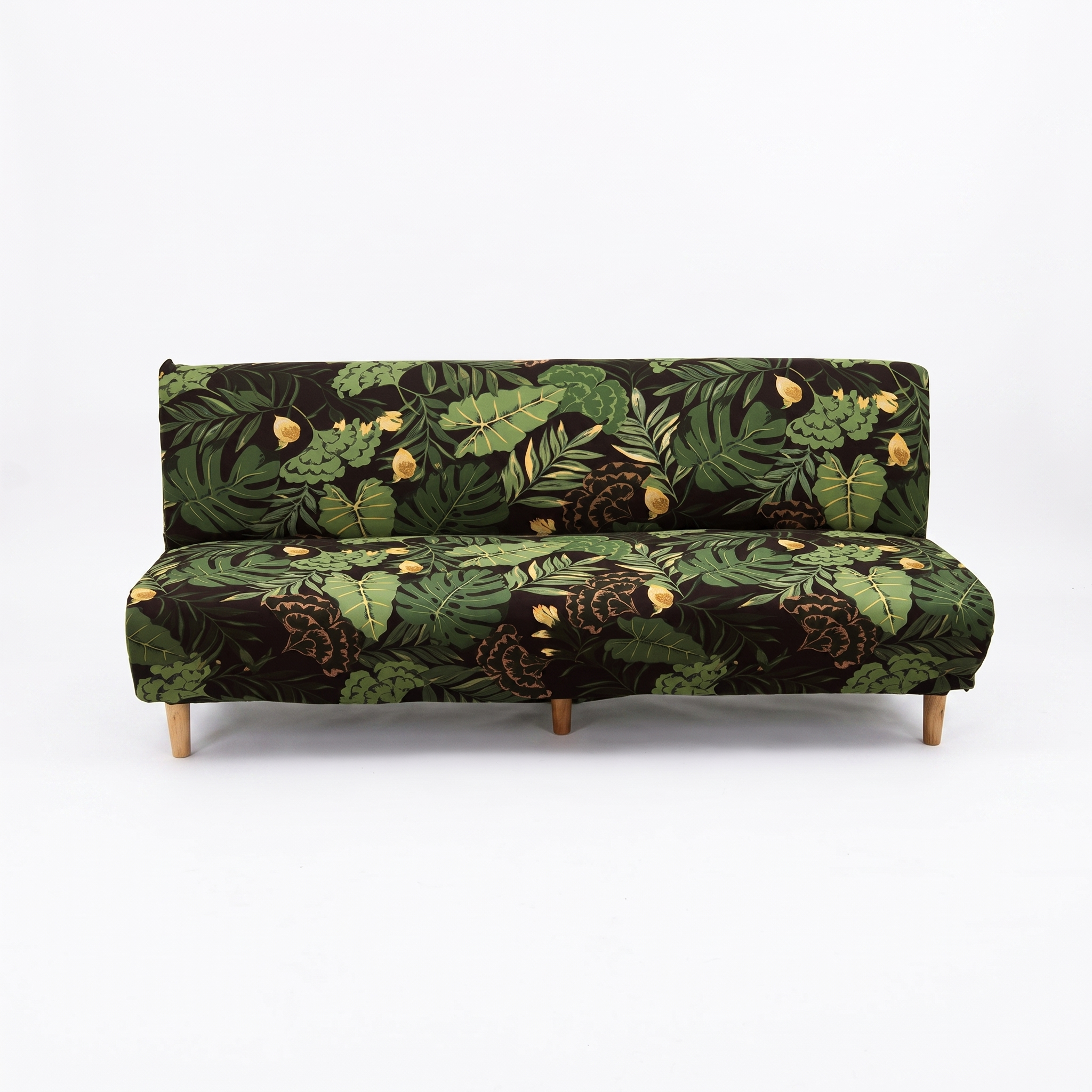 Stretch Sofa Slipcover – Green Black Tropical Leaf Print Sofa Bed – product photo on a white background | Brivenzo