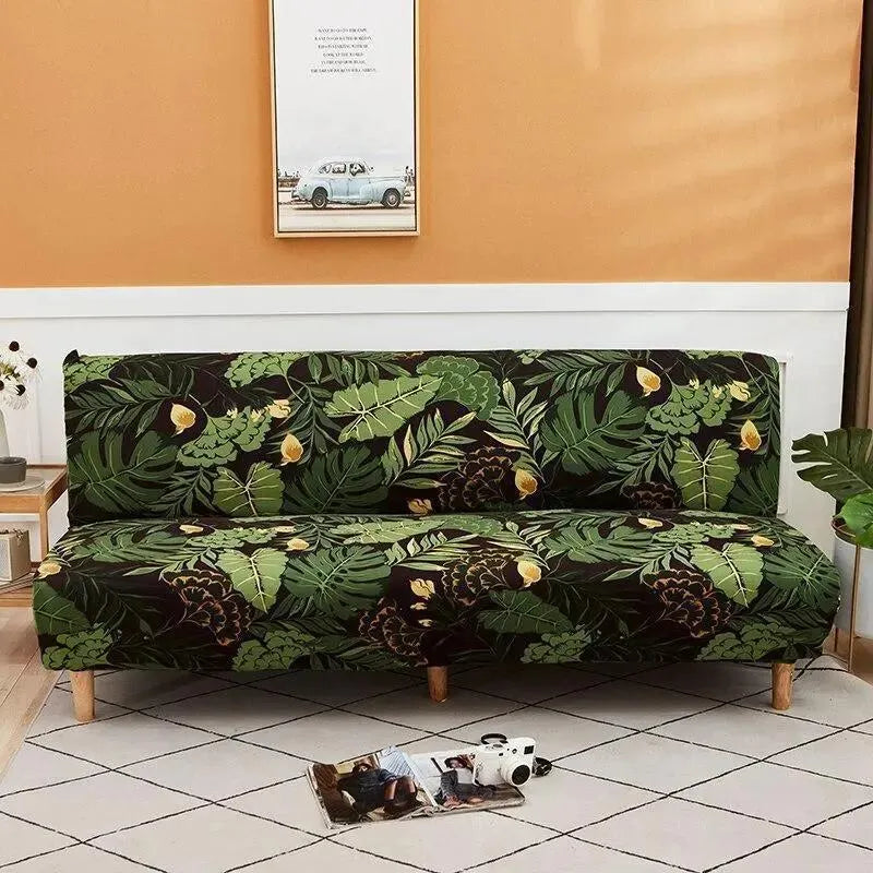 Stretch Sofa Slipcover – Green Black Tropical Leaf Print Sofa Bed – product view 4 | Brivenzo