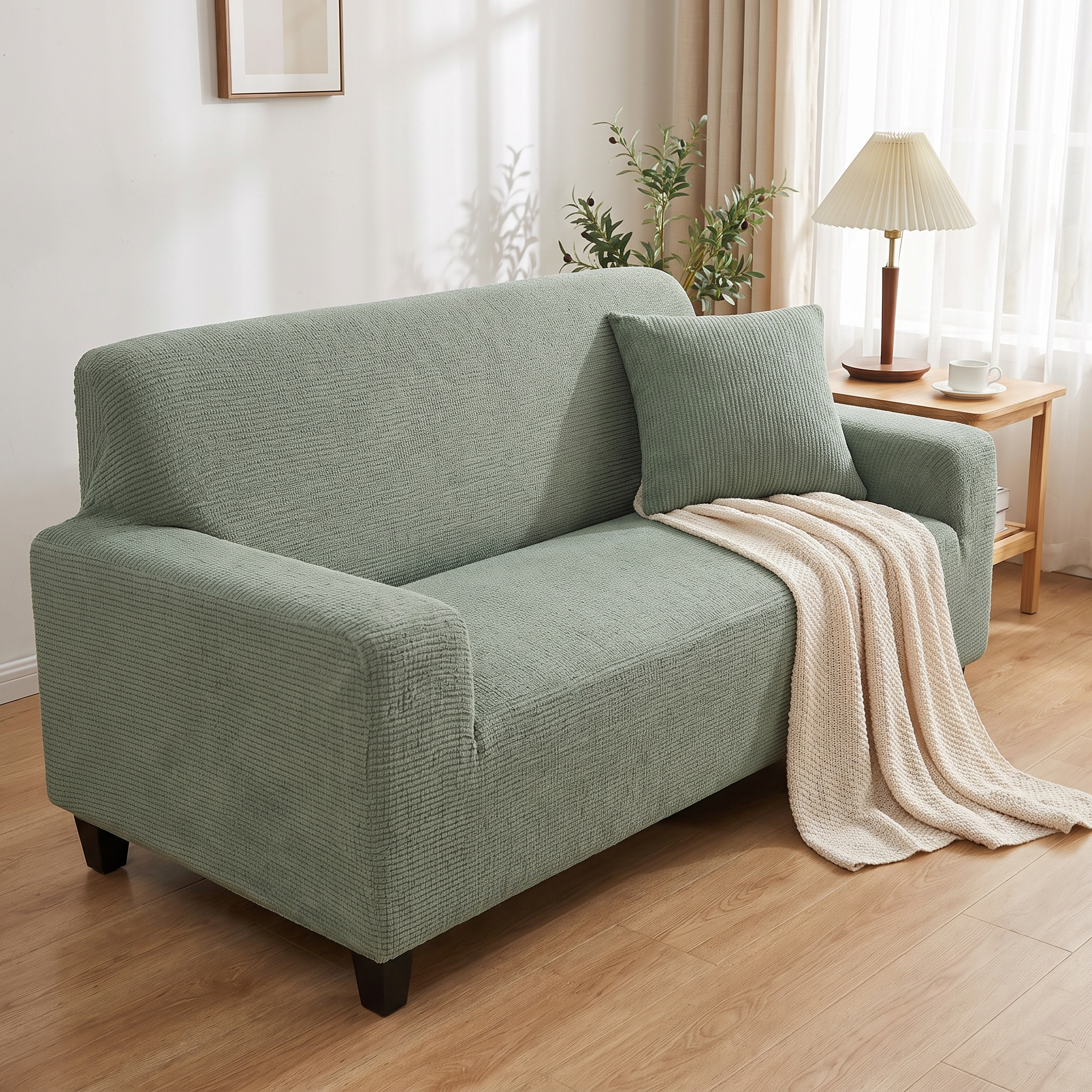 Sage green waterproof sofa cover in living room
