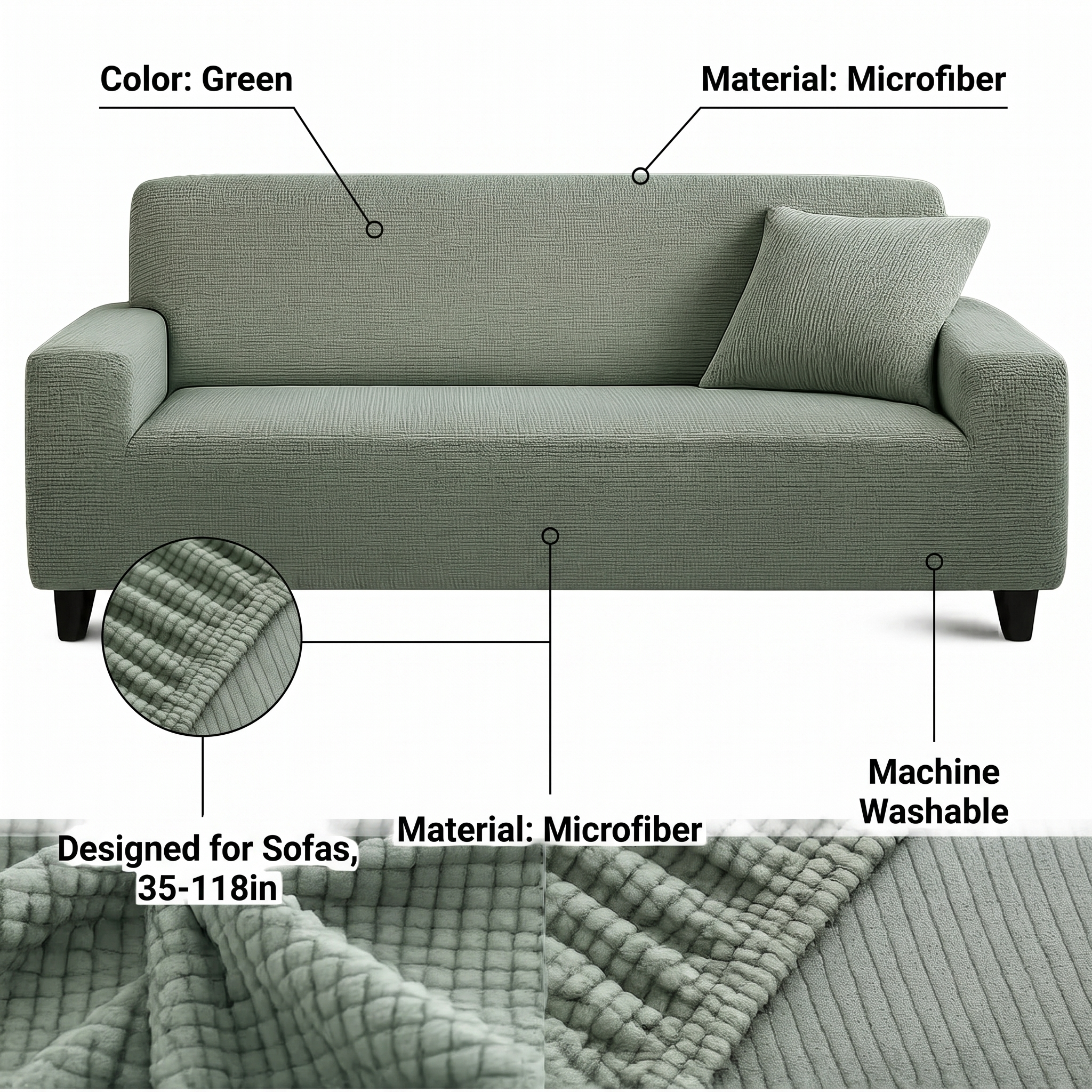 Stretch Sofa Slipcover – Green Microfiber – features and specifications overview | Brivenzo