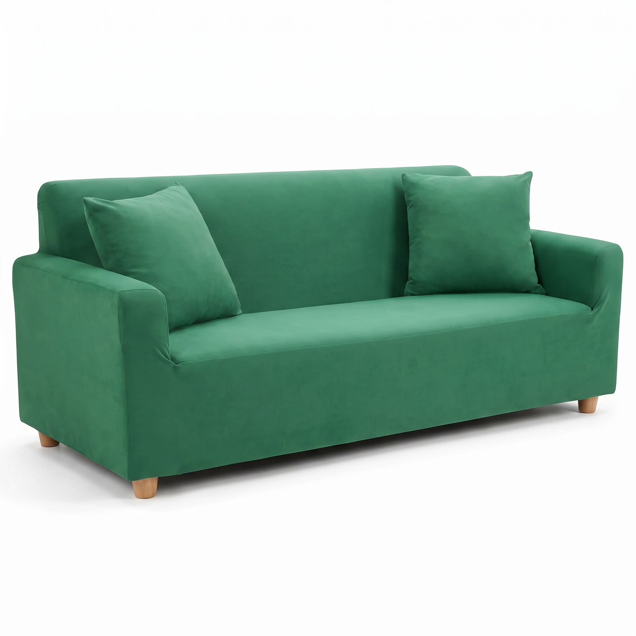 Stretch sofa slipcover in green, front view
