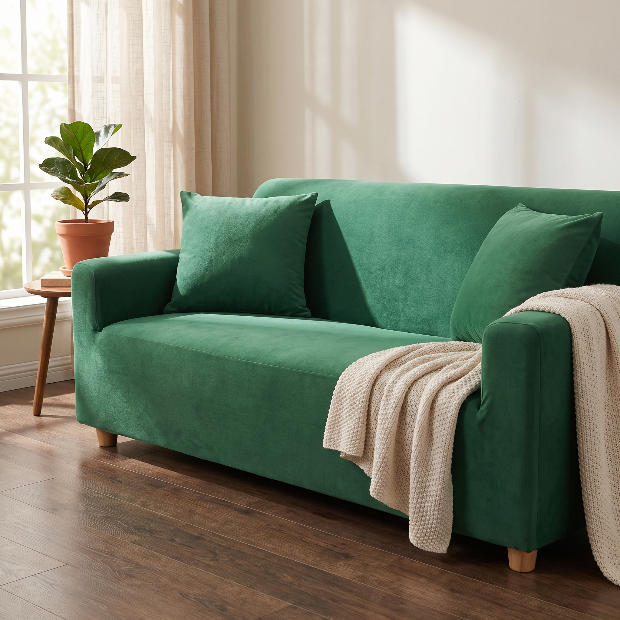 Green stretch sofa slipcover in a cozy living room