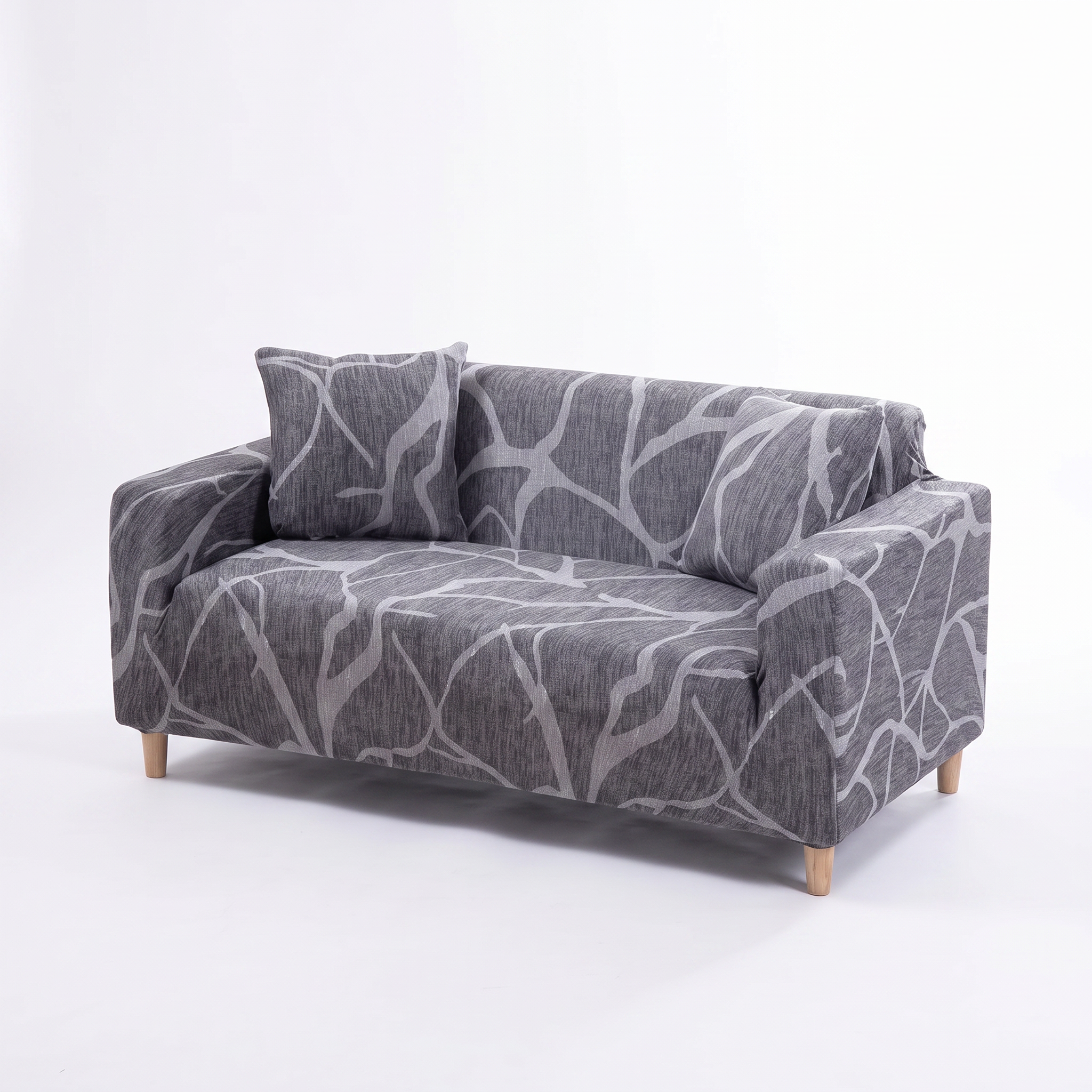 Stretch Sofa Slipcover – Grey Abstract Branch Print – product photo on a white background | Brivenzo