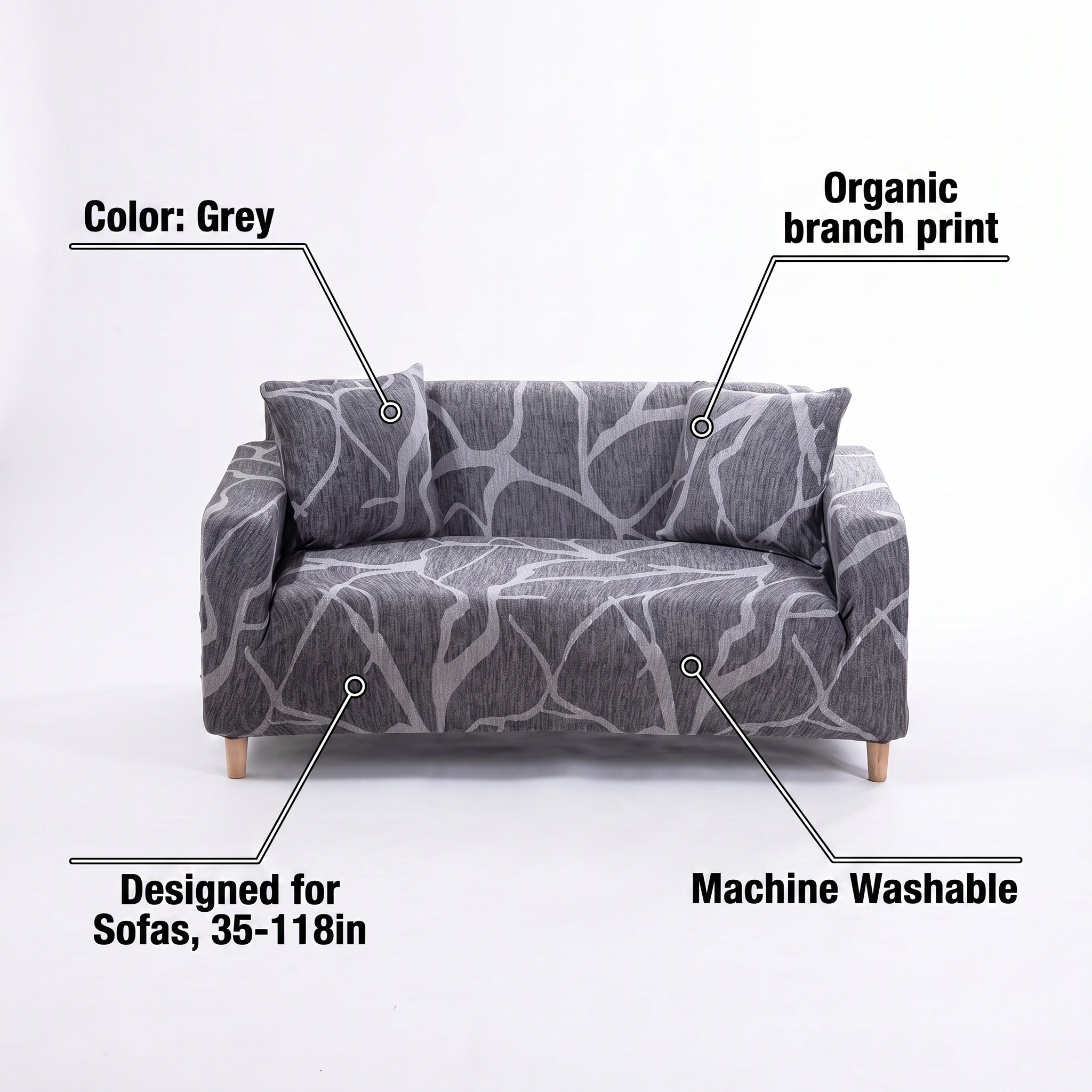 Stretch Sofa Slipcover – Grey Abstract Branch Print – features and specifications overview | Brivenzo