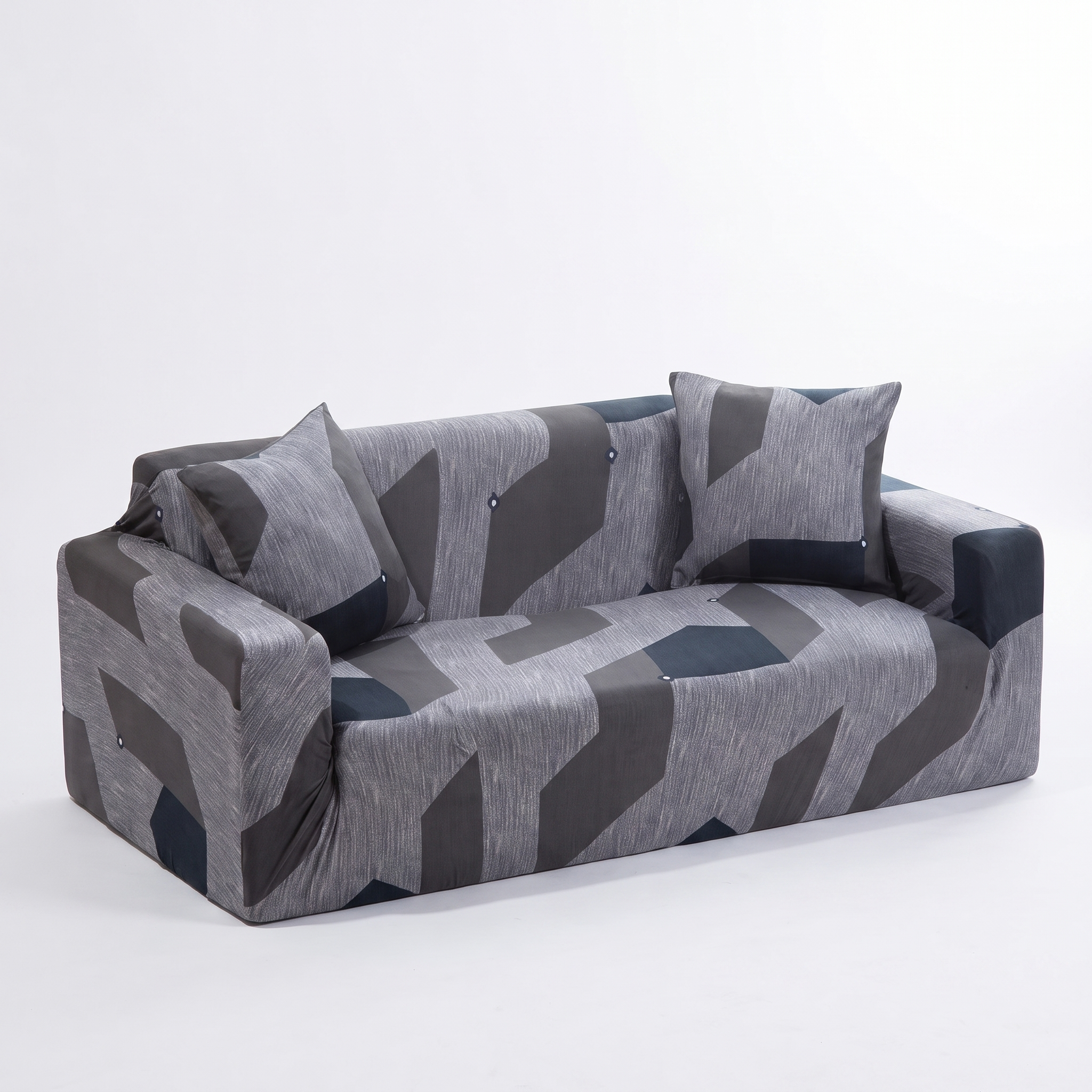 Stretch Sofa Slipcover – Grey & Blue Geometric Pattern – product photo on a white background | Brivenzo