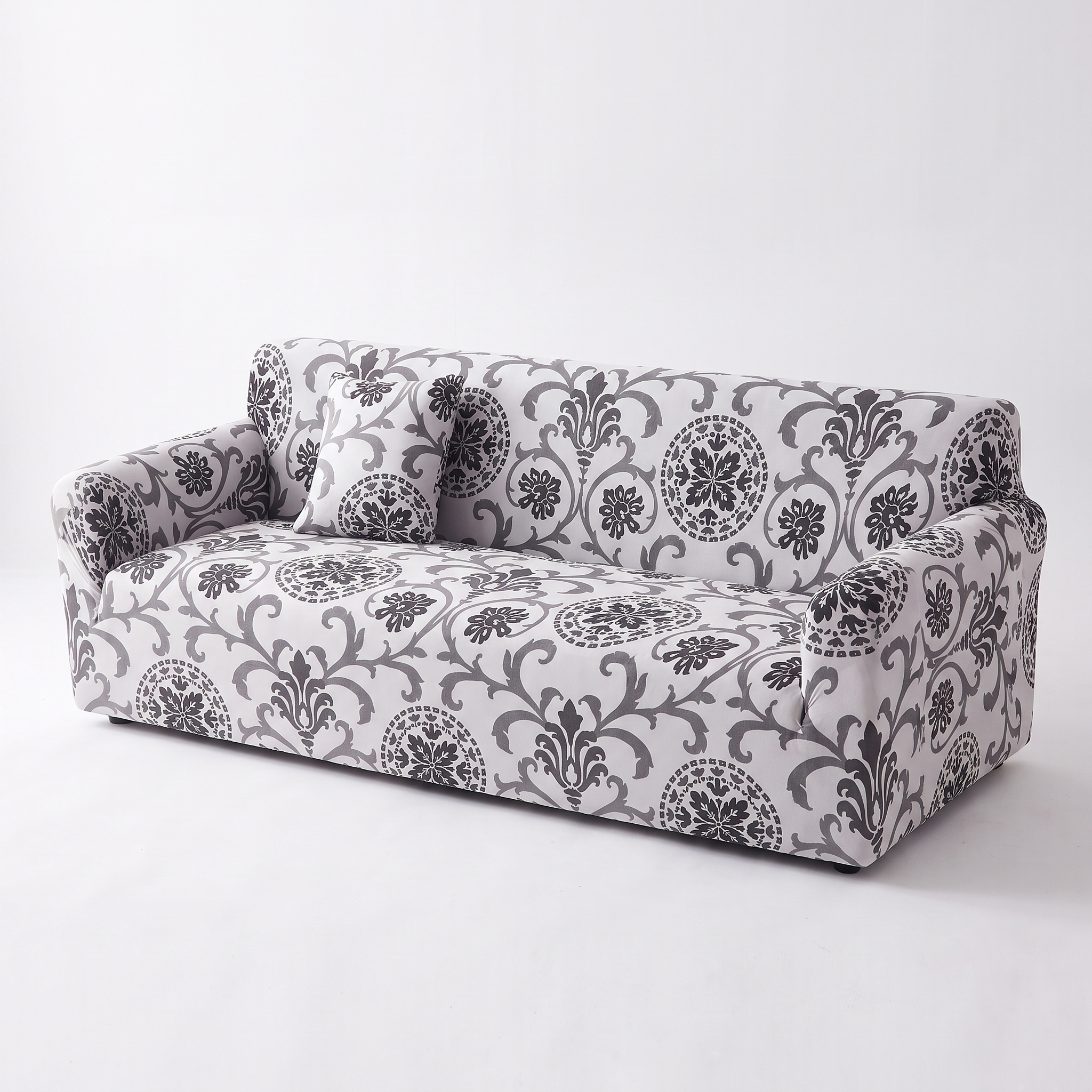 Stretch Sofa Slipcover – Grey Black Damask Print – product photo on a white background | Brivenzo