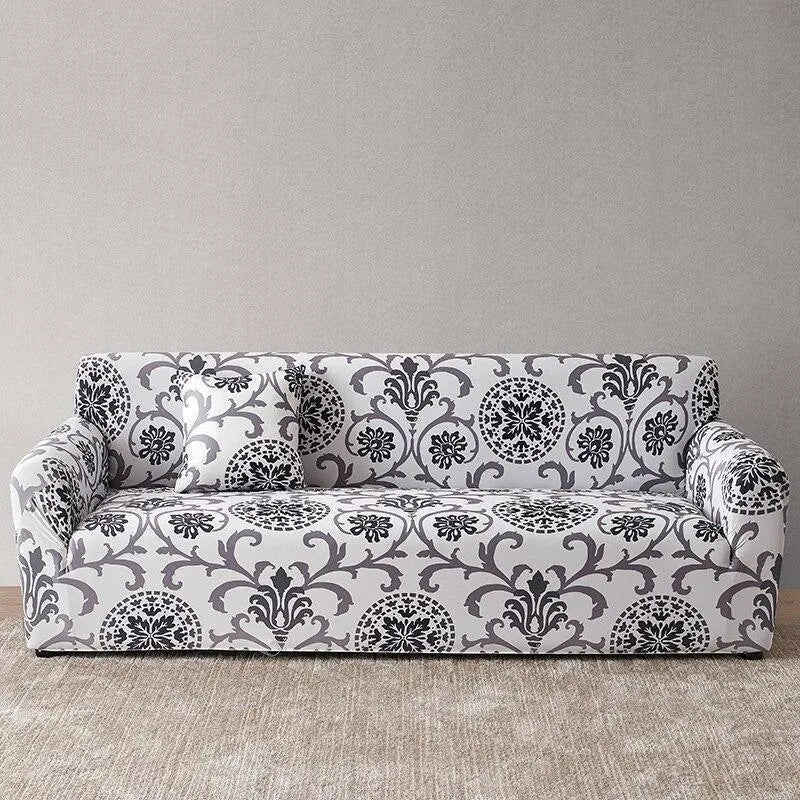Stretch Sofa Slipcover – Grey Black Damask Print – product view 4 | Brivenzo