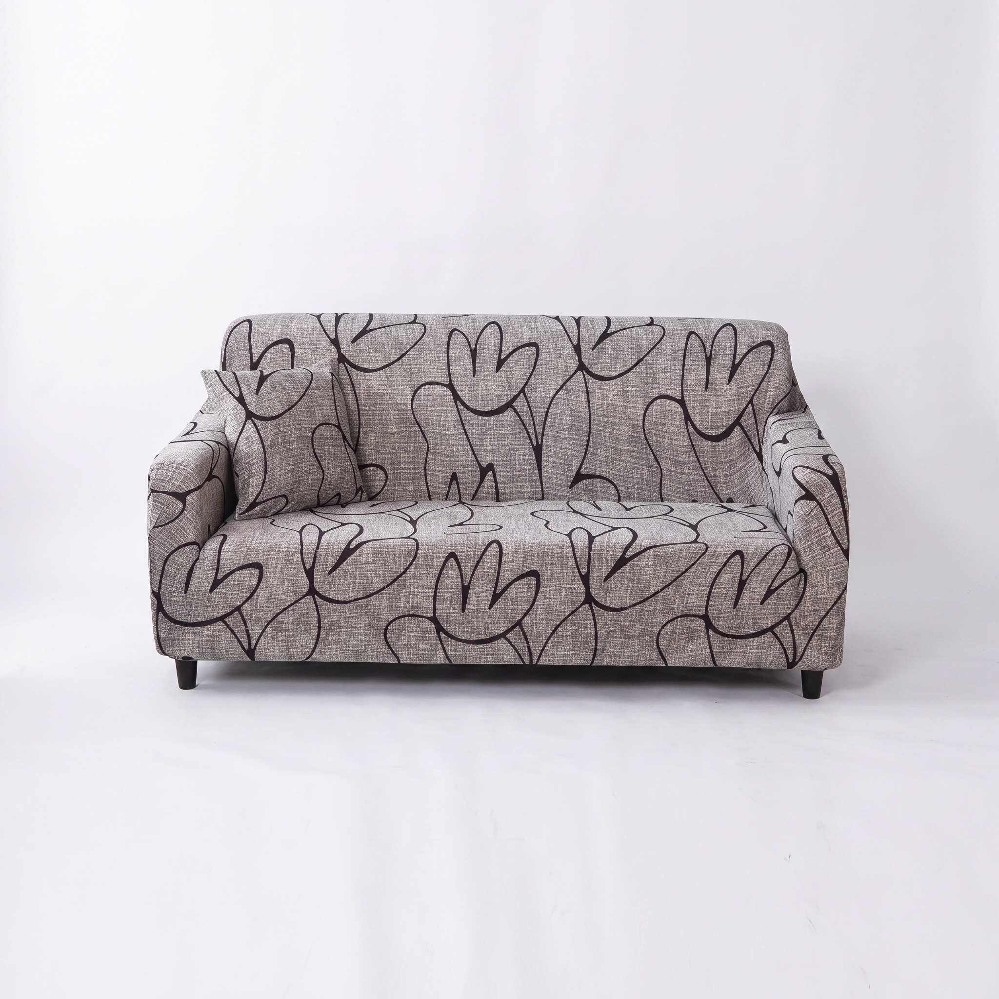 Stretch Sofa Slipcover | Grey Black Floral Line Print - main