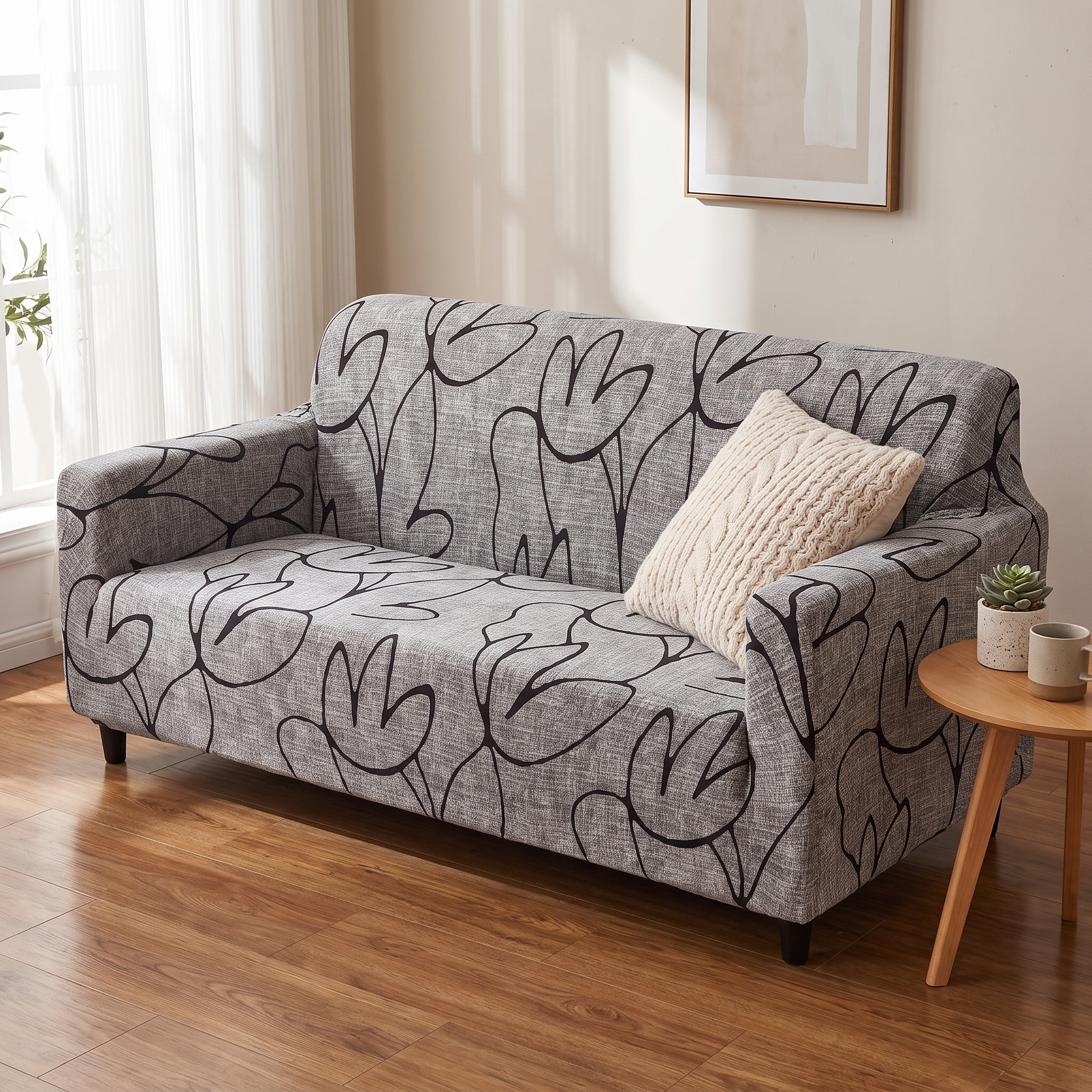 Stretch Sofa Slipcover | Grey Black Floral Line Print - Living Room