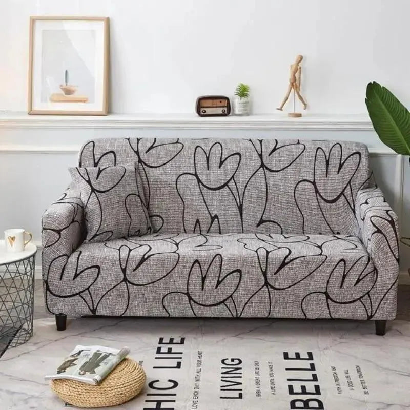 Stretch Sofa Slipcover – Grey Black Floral Line Print – product view 4 | Brivenzo
